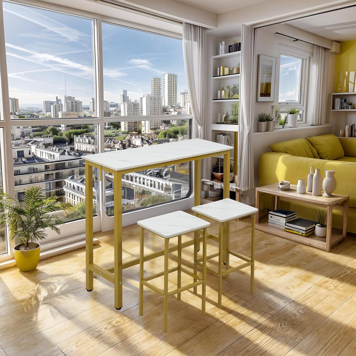 Finnhomy Bar Table Set, 47" Pub Table High Top Table, Rectangular Bar Height Table, Bar Table with Stools, Kitchen Table Set for 2, Industrial Breakfast for Kitchen, Living Room, Gold