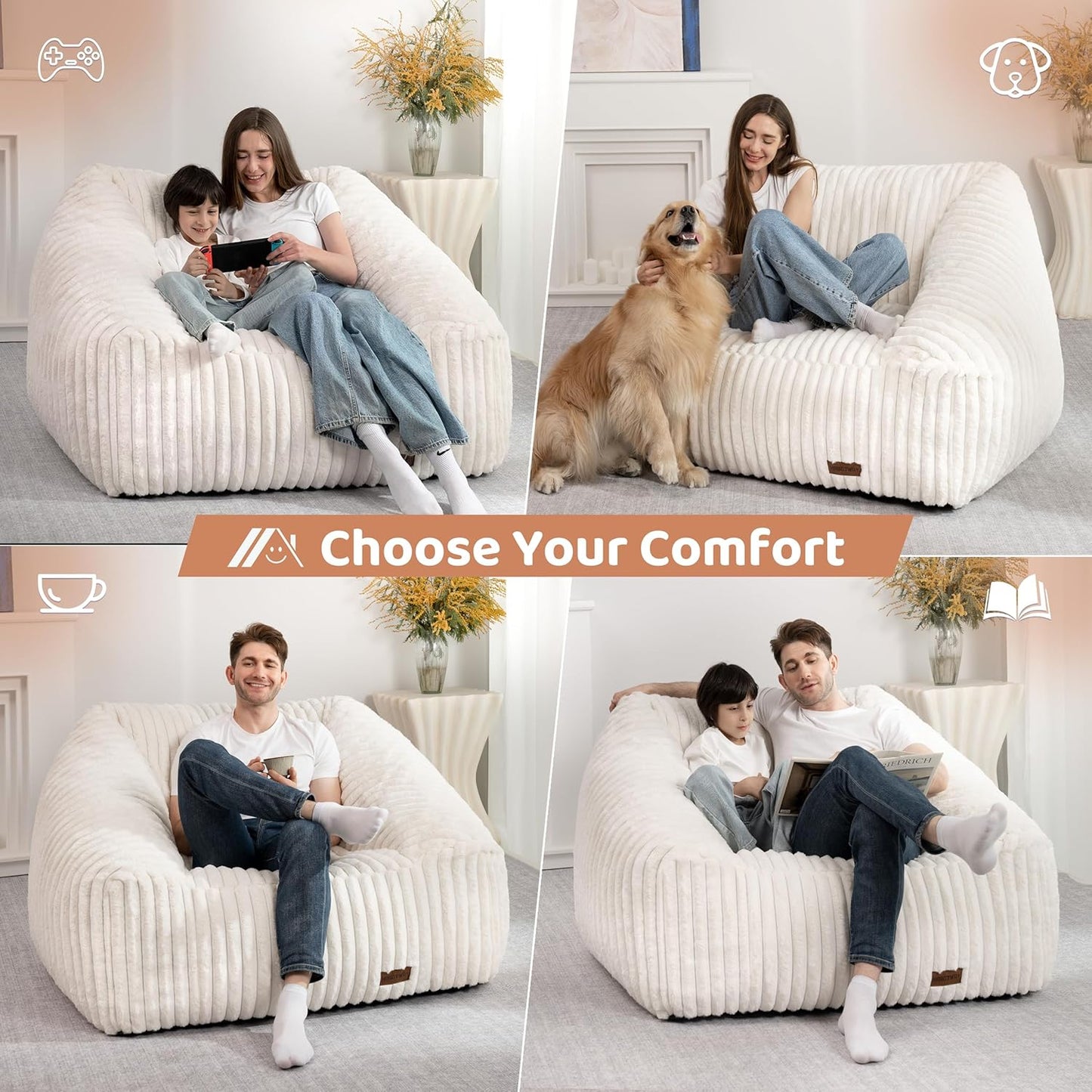 HABUTWAY Bean Bag Chair, Giant Bean Bag Chairs for Adults and Kids, Bean Bag Sofa, Lazy Floor Sofa, Faux Fur Beanbag Chair with Armrests for Living Room Bedroom (Beige)