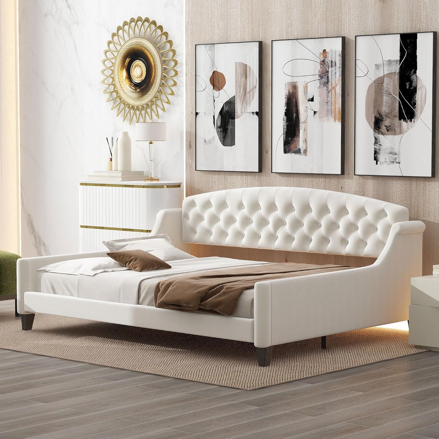 Full Size Modern Luxury Tufted Button Daybed, Stylish Wood Upholstered Day Bed,No Box Spring Required, Easy Assembly,for Bedroom,Living Room and Guest Room,Den,Office,Beige