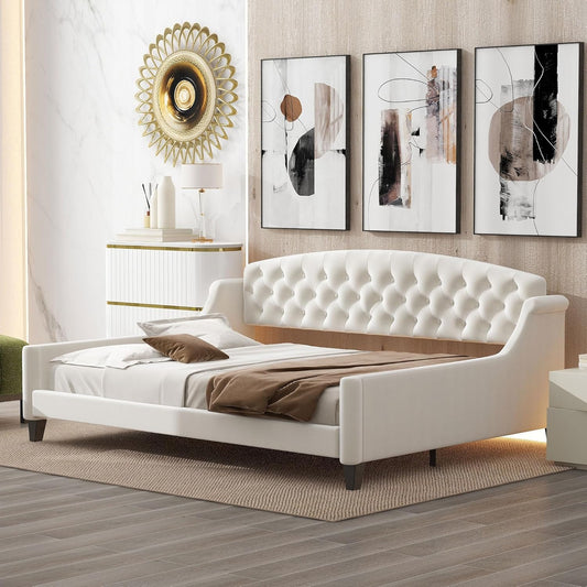 Full Size Modern Luxury Tufted Button Daybed, Stylish Wood Upholstered Day Bed,No Box Spring Required, Easy Assembly,for Bedroom,Living Room and Guest Room,Den,Office,Beige