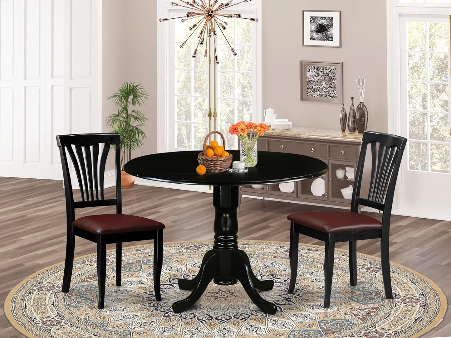 East West Furniture DLAV3-BLK-LC 3 Piece Dining Set Contains a Round Dining Room Table with Dropleaf and 2 Faux Leather Upholstered Kitchen Chairs, 42x42 Inch, Black