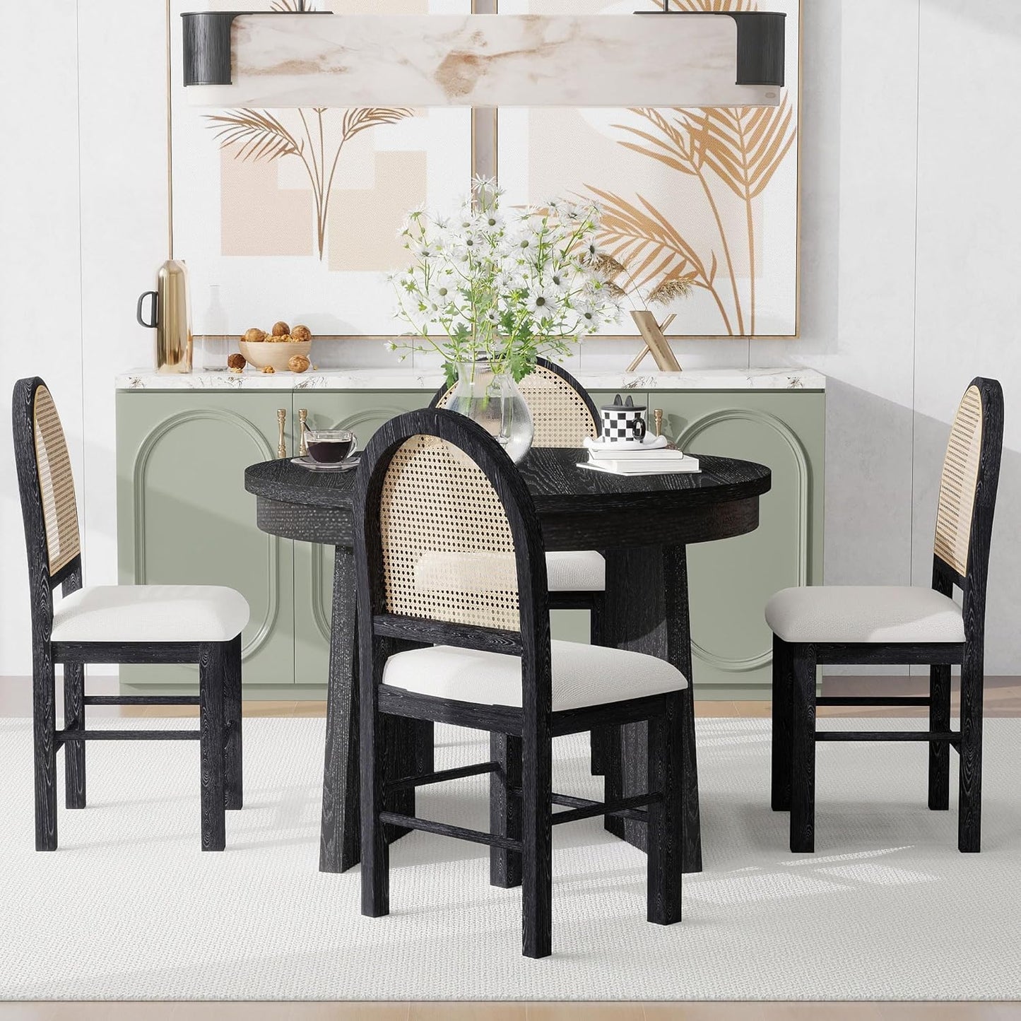 Ball & Cast Retro 5 Pieces Dining Table Set with 4 Upholstered Chairs,Kitchen Table and Chairs for 4 W/ 58" Round Extendable Kitchen Desk,for Small Space,Apartment,Dining Room,Espresso