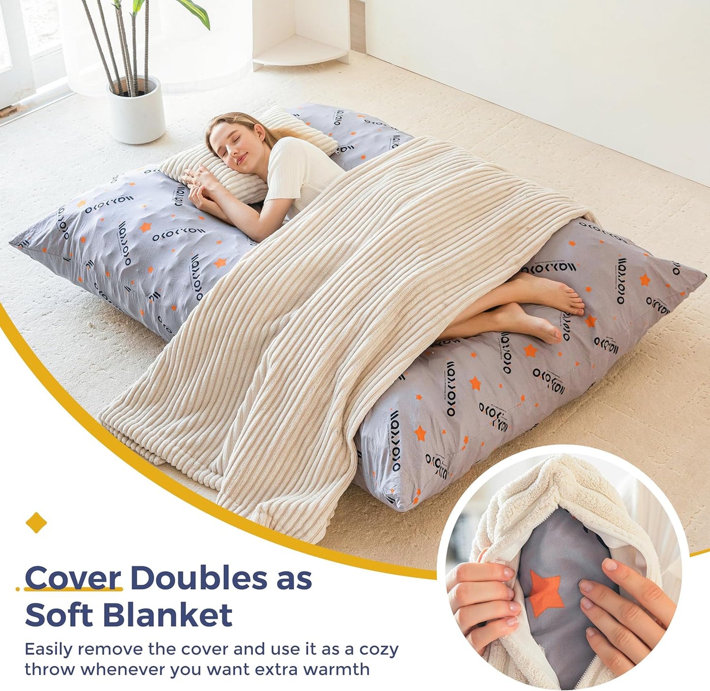 MAXYOYO Giant Bean Bag Chair with Pillow, 3 in 1 Convertible Bean Bag Chair for Adults with Washable Cover, Removable Floor Cushion Stuffed Floor Lounger for Living Room Bedroom, White, Full