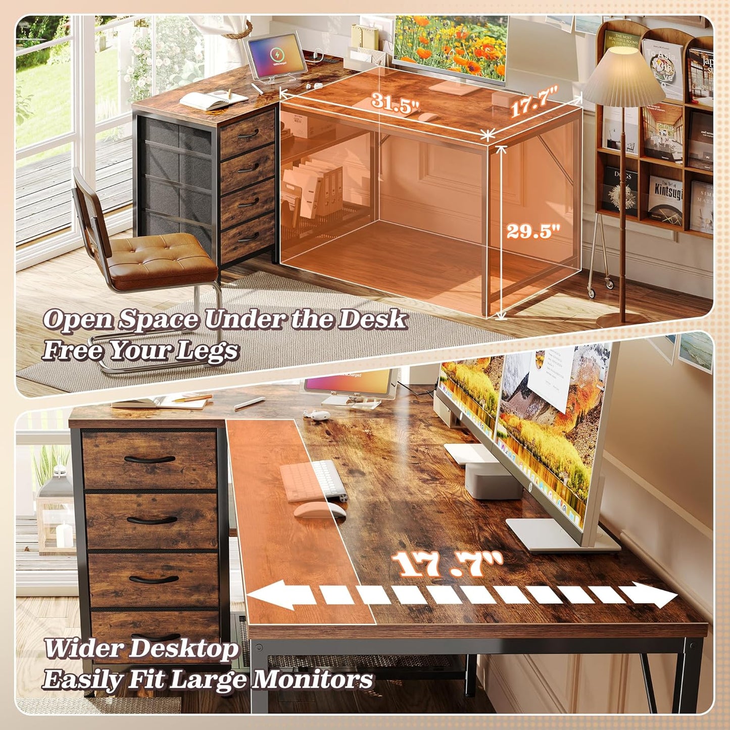 PRAISUN 43.3" Small Computer Desk with Power Outlets and USB-C Port, Reversible L Shaped Corner Office Desk with 4 Fabric Drawers and 2 Height-Adjustable Shelves, for Gaming Writing, Rustic Brown