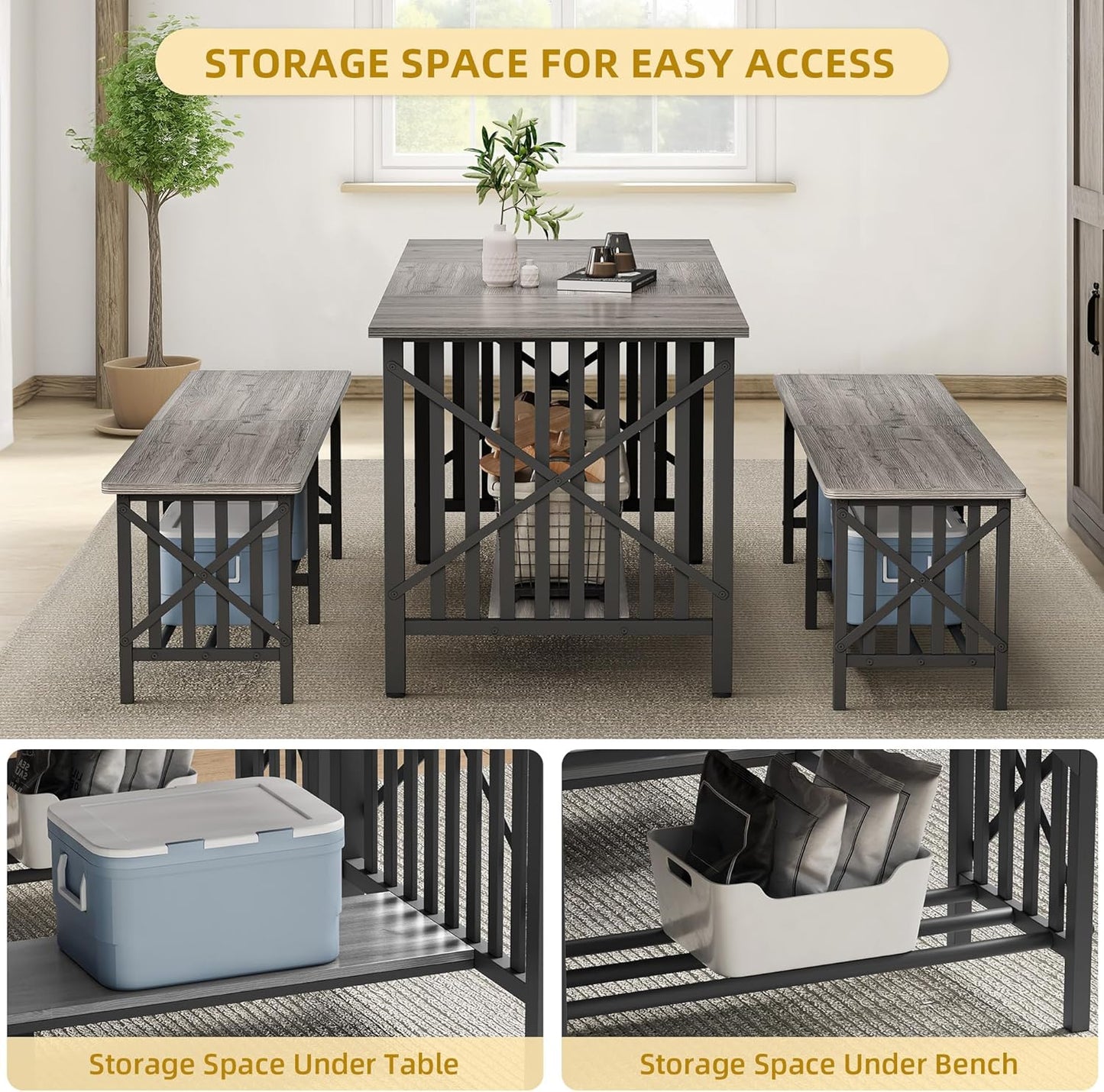 DWVO 3-Piece Dining Table Set for 4-6 People, 63" Dining Room Table with 2 Benches, Industrial Rectangular Dining Room Table Set with Storage for Kitchen, Dining Room, Grey