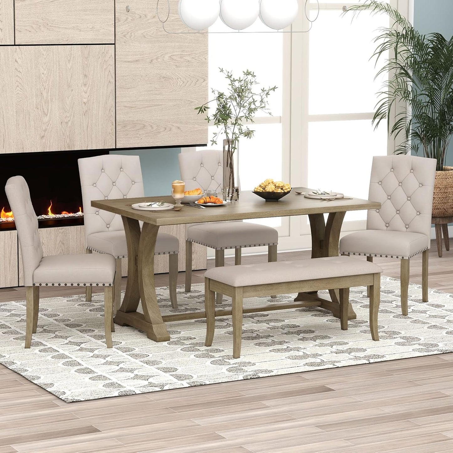 Ball & Cast Dining Table Set for 6, 60" Rectangular Dining Room Table with 4 Upholstered Chairs and 1 Bench, 6-Piece Farmhouse Dining Furniture Set with Solid Wood Legs for Kitchen,Natural Wood Wash