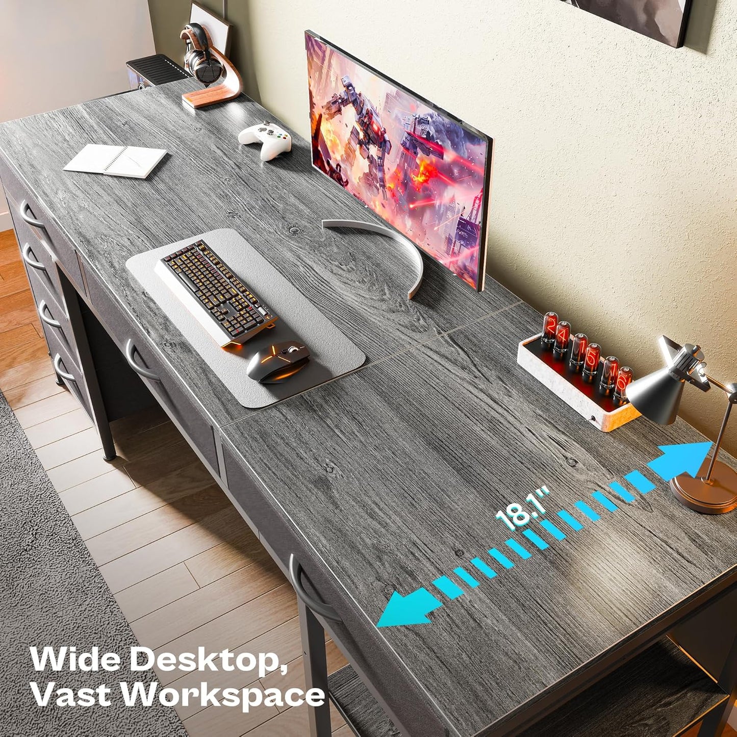 Huuger Computer Desk with 6 Drawers, 63 Inch Office Desk with Shelves, Reversible Gaming Desk, Corner Desk with Storage, for Home Office, Study, Living Room, Grey