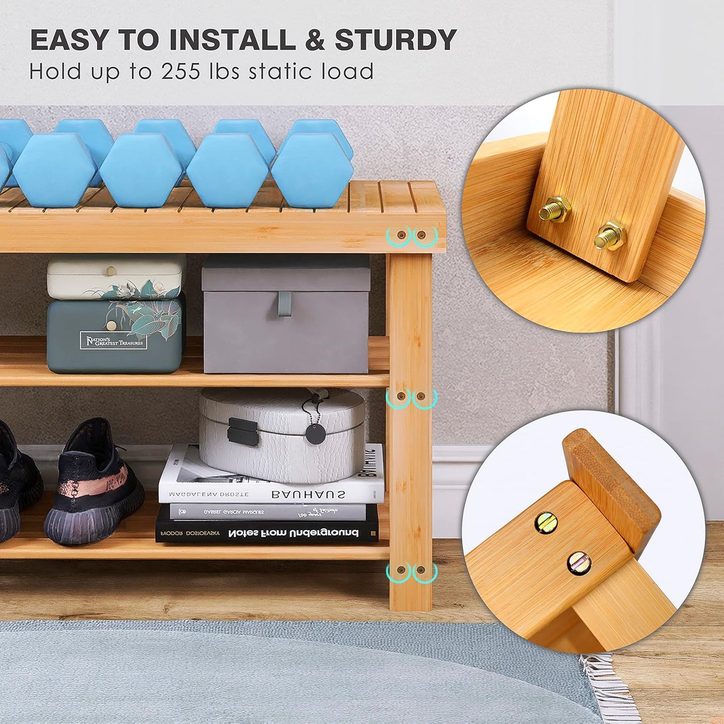 SMIBUY Bamboo Shoe Rack Bench, 3-Tier Shoe Organizer Storage Shelf for Entryway Hallway Bathroom Living Room (Natural)