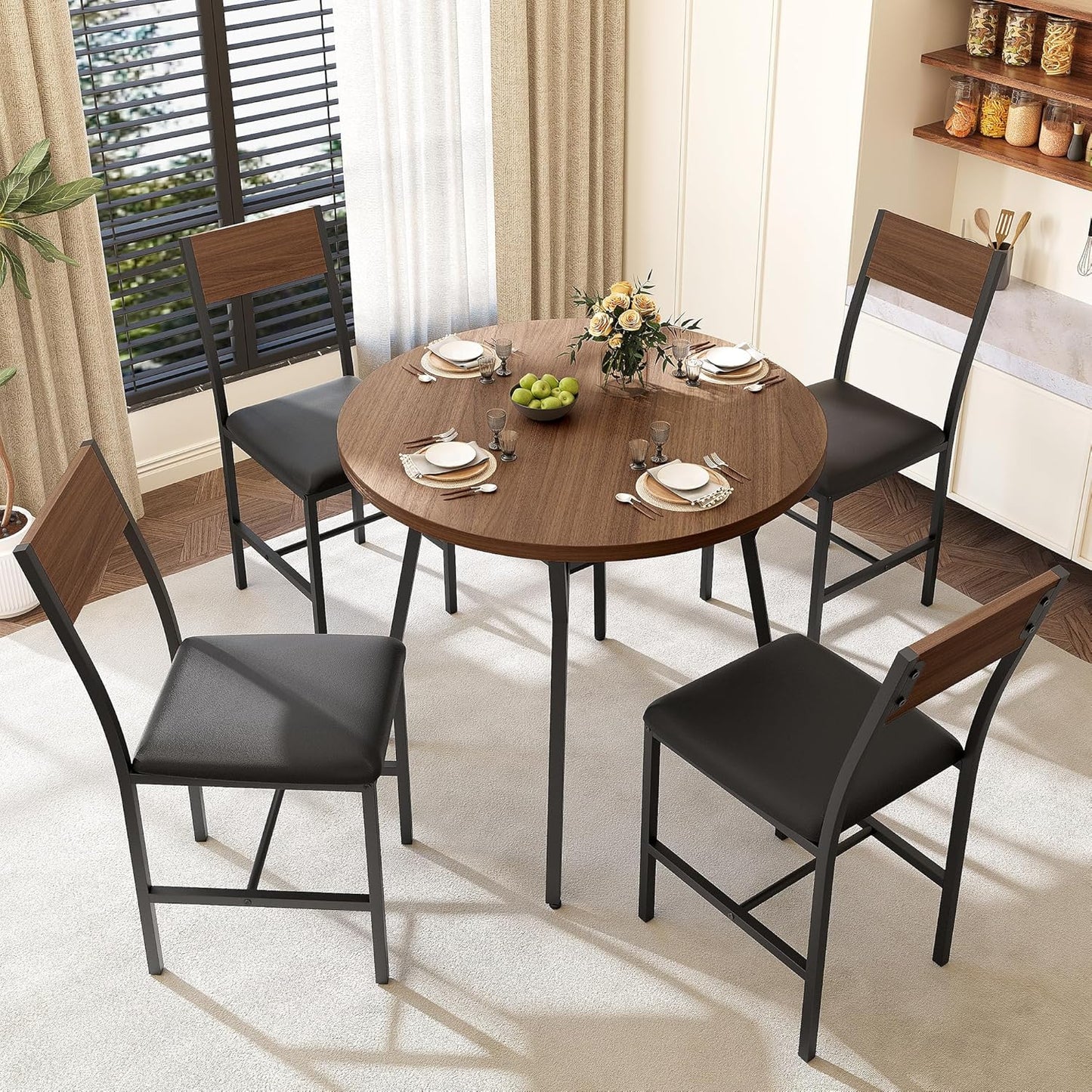 Pamapic Round Dining Table Set for 4, Kitchen Table and Chairs for 4, Dining Room Circle Dinner Pedestal Table, Solid Metal Frame,Space Saving Wood Kitchen & Dining Room Furniture,Walnut