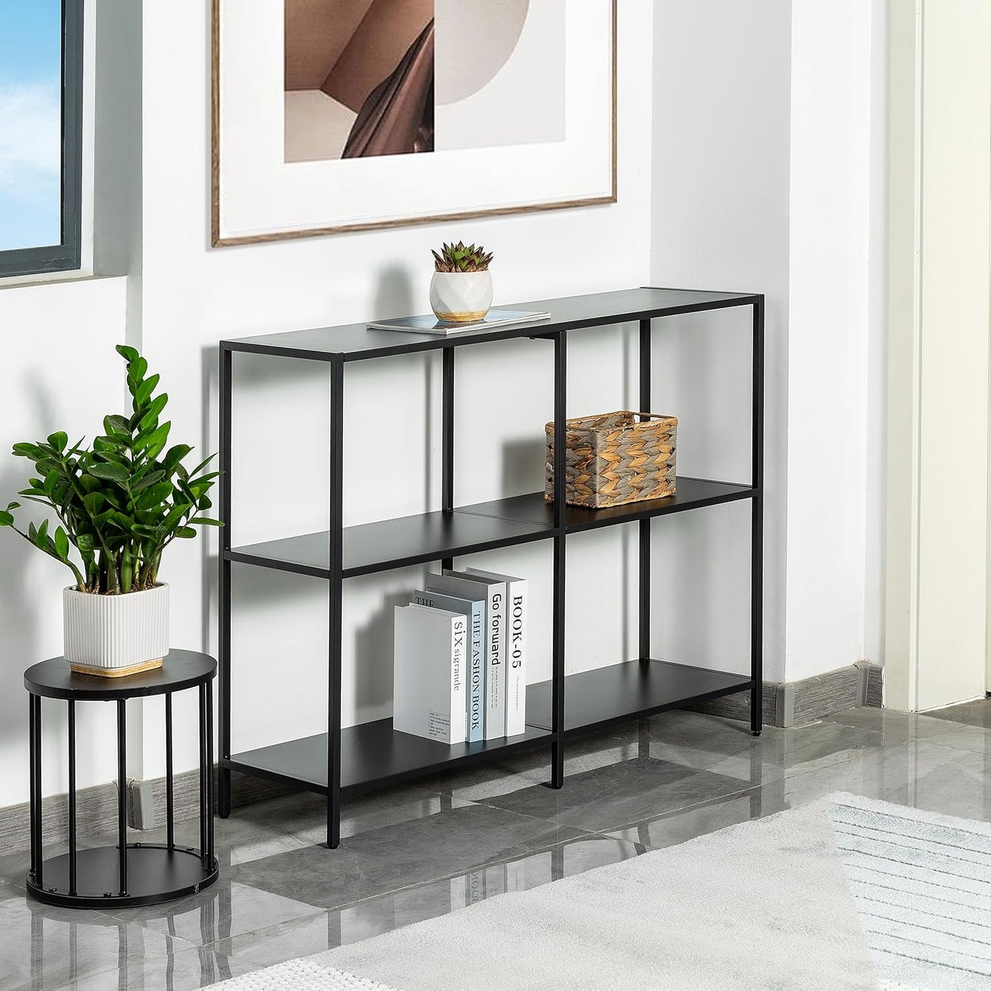 HDANI 39.4 Inch Metal Console Table with 3 Tier Strage Shelves,Narrow Entryway Table,Modern Sofa Tables for Entryway, Living Room,Bedroom,Black