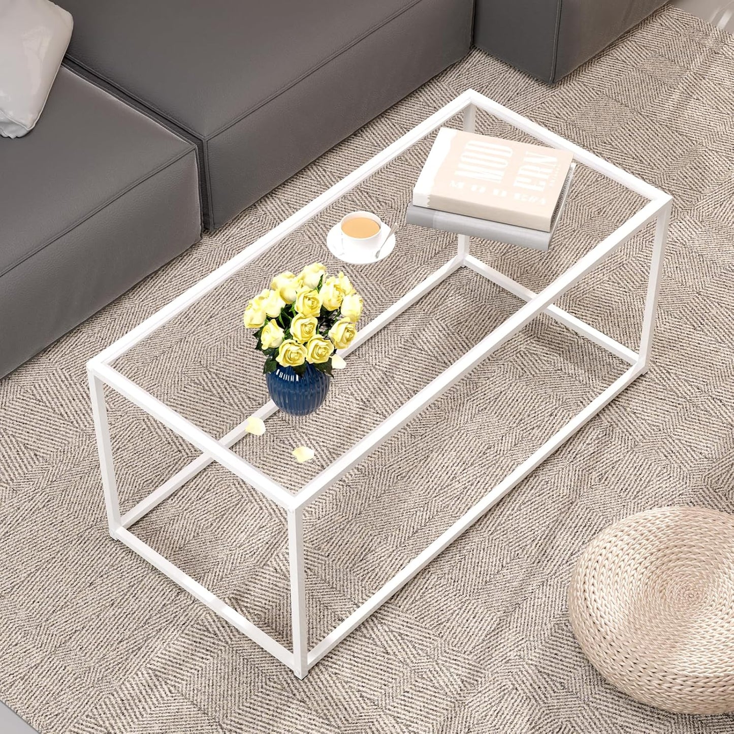 Coffee Table Glass Center Table,Modern Minimalist Coffee Table for Living Room,Tempered Glass-top with Sturdy Metal Frame, Easy Assembly,39.4 x 18.9 x 17.7 Inches,White