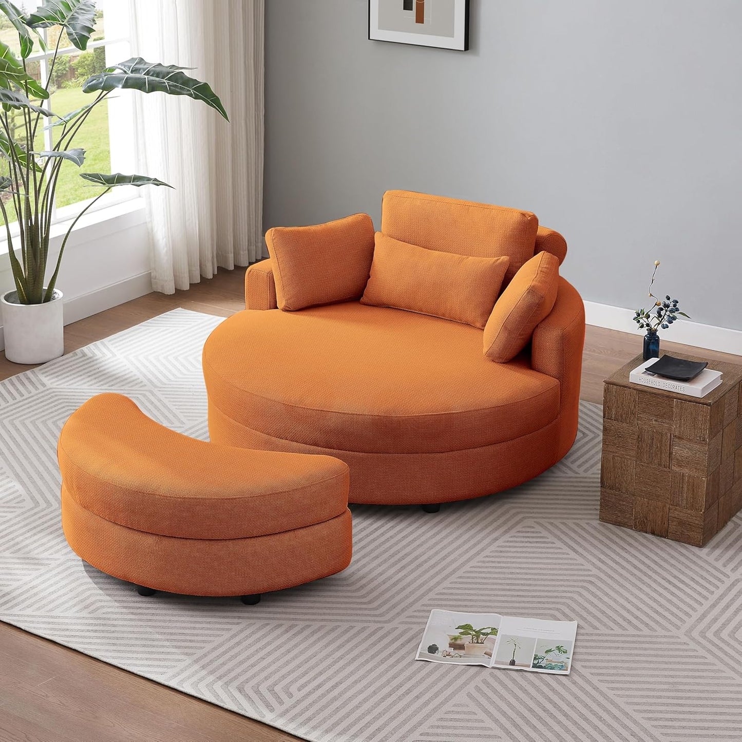 51.2'' Oversized Barrel Armchair with Storage Ottoman，Round Single Reading Upholstered Chairs,Recliner Sofa Chaise with 4 Movable Pillows for Living Room(Orange+Linen)