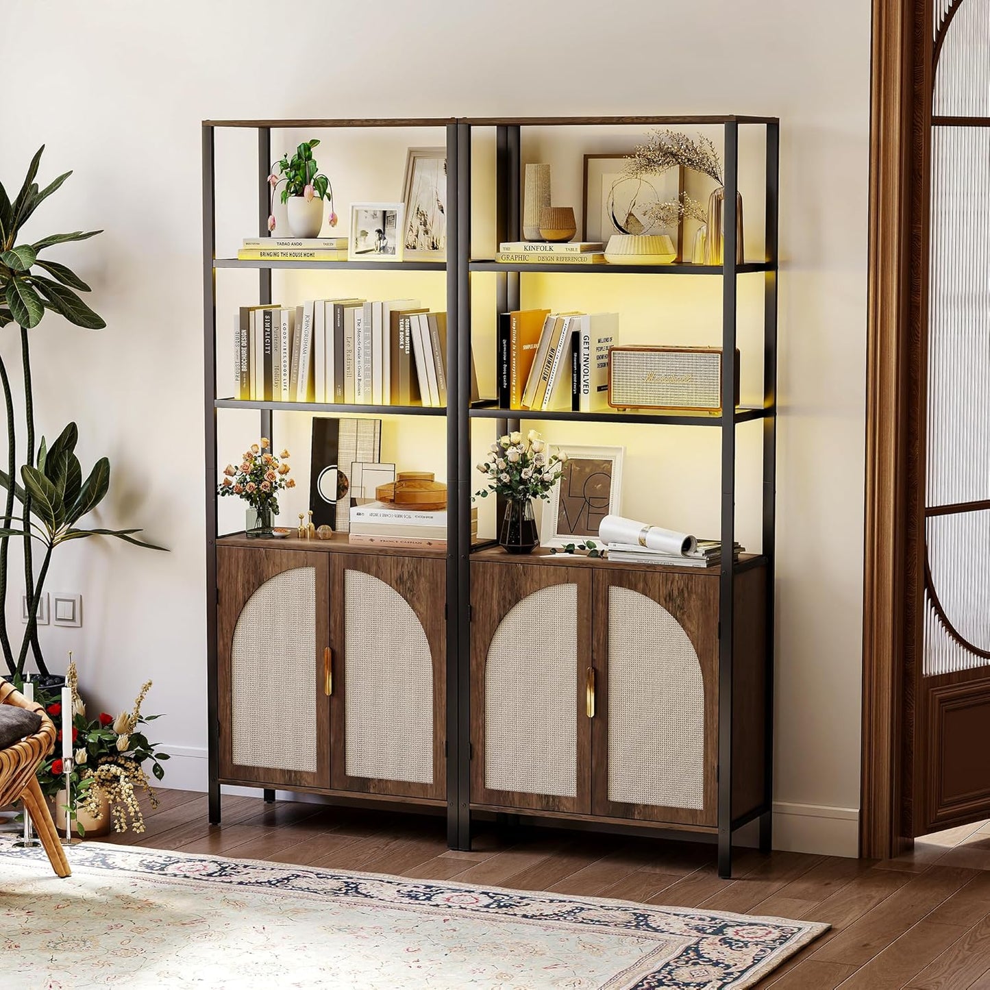 Bookshelf with Rattan Doors, 71" Tall Bookcase with Light and Adjustable Shelf, 5 Tier Book Shelf Storage Organizer for Bedroom, Living Room and Home Office