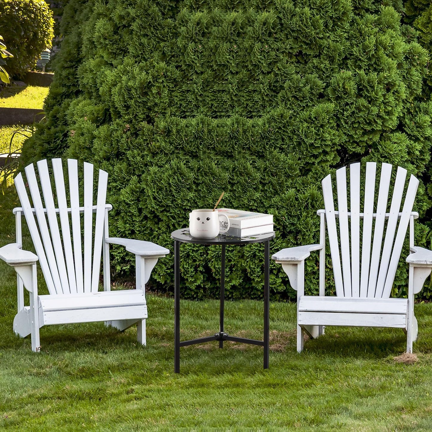 2 Packs 13" Metal Outdoor Side Tables Small Black Outside End Table for Patio Round Accent Corner Stand for Small Spaces Weather-Resistant Coffee Table for Balcony Porch Plant Stand, Bamboo Leaf