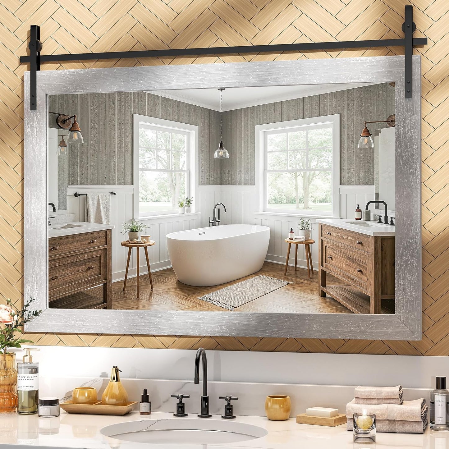 Hasipu Farmhouse Bathroom Mirror, 48"x32" Rustic Wood Framed Wall Mounted Mirror, Gray Vintage Vanity Mirror Barn Door Style Decrative Mirrors