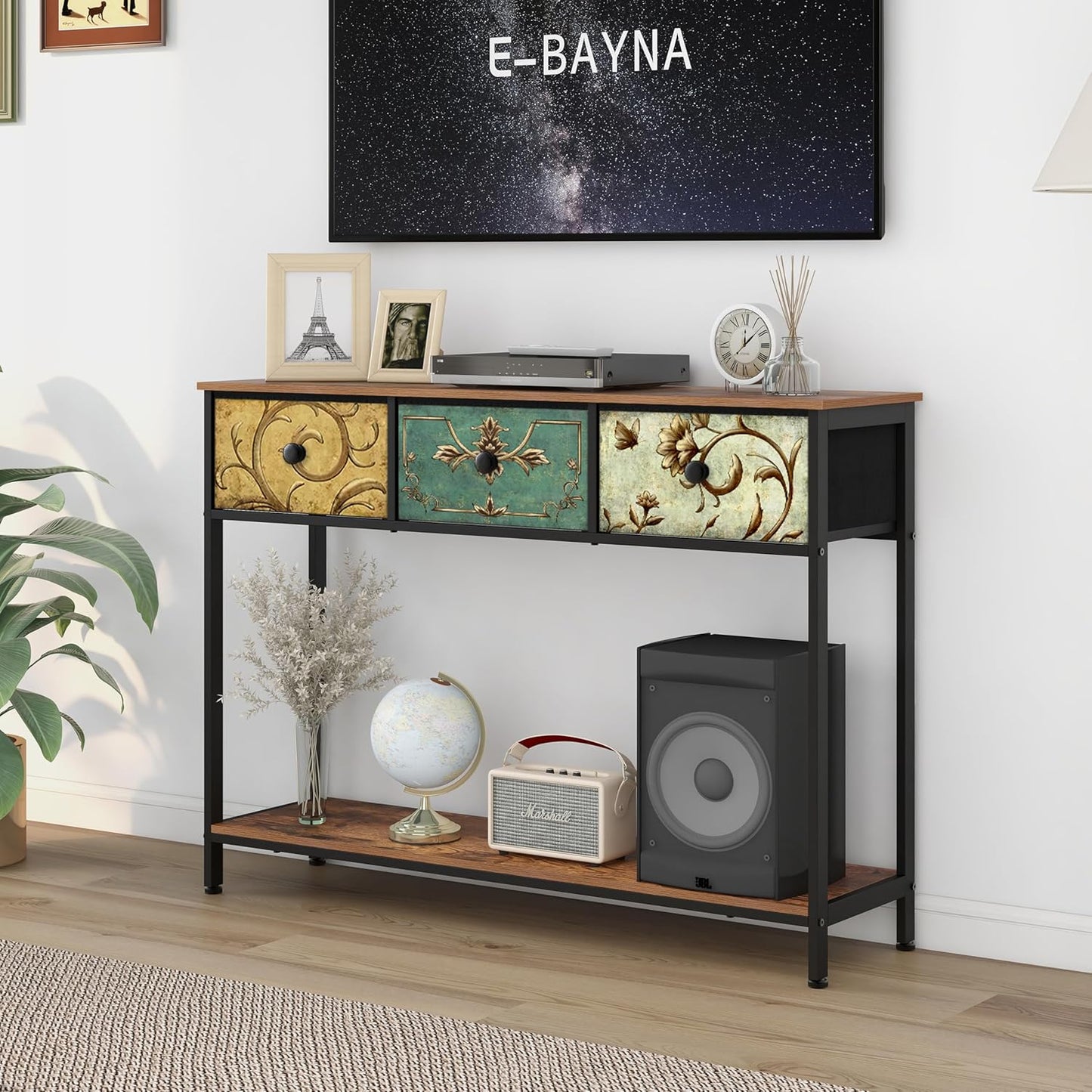 Tohomeor Entryway Console Table with 3 Retro Flowers Fabric Drawers Boho Narrow Long Behind Couch Sofa Table with Bottom Open Storage Shelf for Hallway Living Room Foyer (Rustic Brown, 3 Drawers)