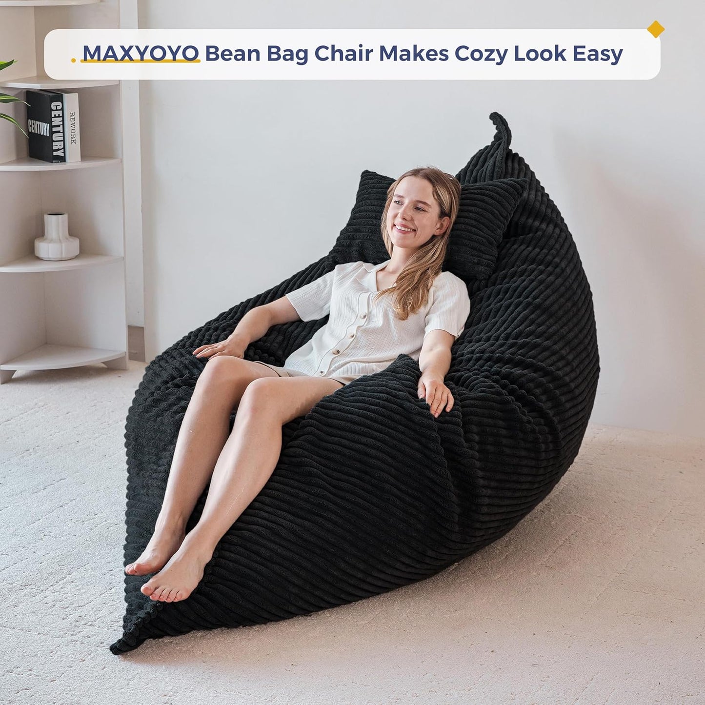 MAXYOYO Giant Bean Bag Chair with Pillow, 3 in 1 Convertible Bean Bag Chair for Adults with Washable Cover, Removable Floor Cushion Stuffed Floor Lounger for Living Room Bedroom, Black, Queen