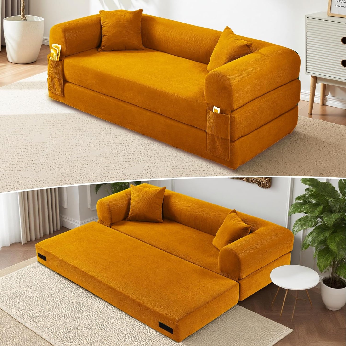 80" Convertible Sofa Bed, Corduroy Deep Seat Folding Pull Out Couch with Pillows, No Assembly Modern Boneless Couch Compression Sofa in Box, Floor Sofa with Storage Pocket for Living Room,Yellow