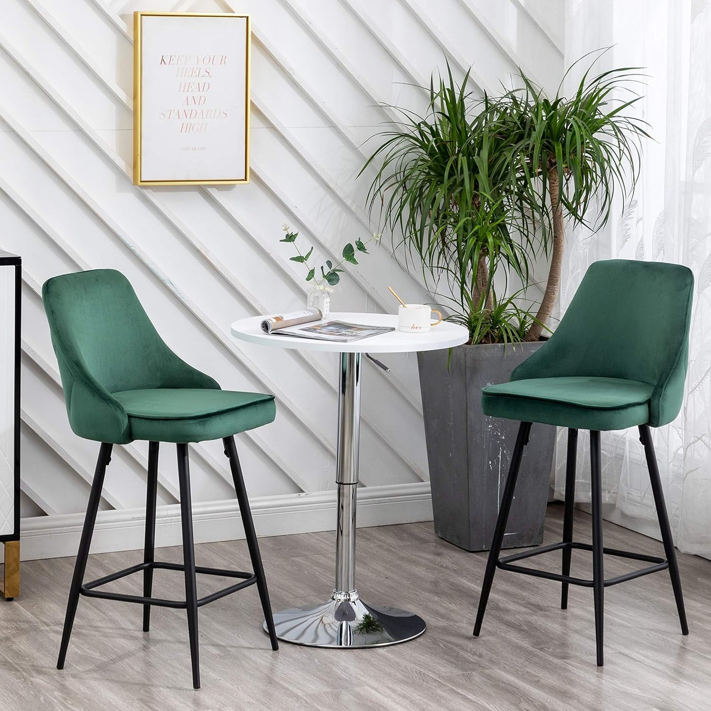 BTEXPERT Set of 2 Pack, Premium upholstered Dining 25" High Back Stool Bar Chairs, Green Velvet Tuftet Diamond Back