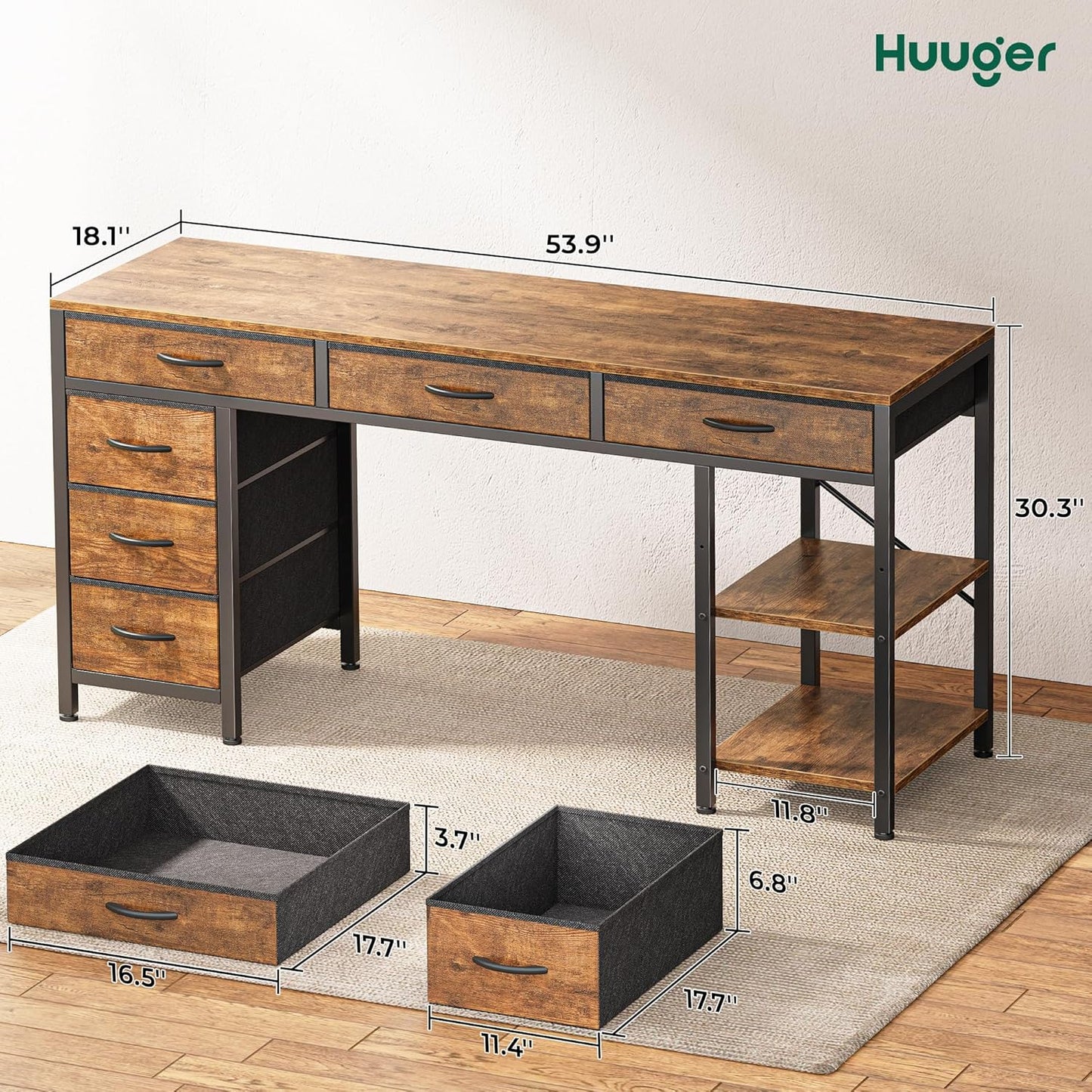 Huuger Computer Desk with 6 Drawers, 54 Inch Office Desk with Shelves, Reversible Gaming Desk, Corner Desk with Storage, Work for Home Office, Study, Living Room, Rustic Brown