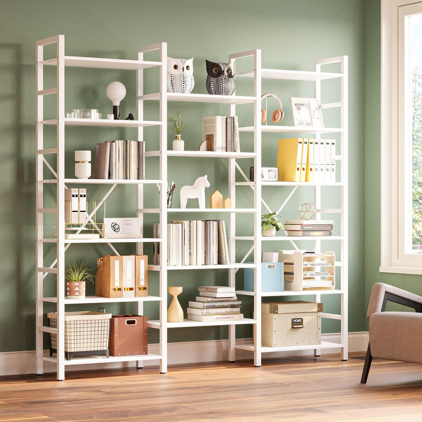 IRONCK Bookshelves 6 Tiers Triple Wide Industrial Bookshelf, Large Etagere Bookshelf Open Display Shelves with Metal Frame for Living Room Bedroom Home Office