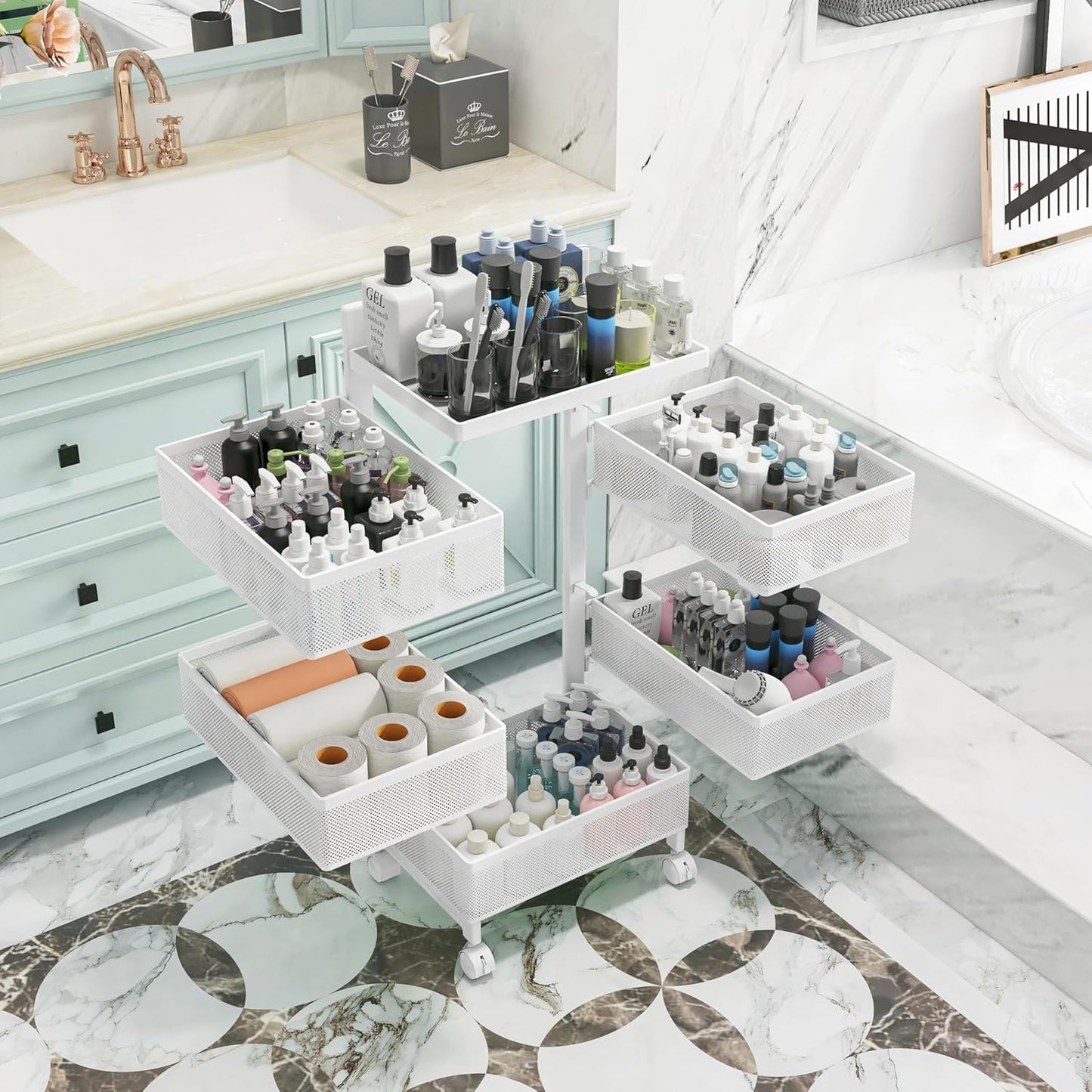 Fruit Basket for Kitchen No Assembly, Rolling Rotating Storage Cart,Bathroom Shelf,Mobile Metal Utility Storage Cart,Potato and Onion Storage Drawer Cart(Bright White, 5 Tier-Square)