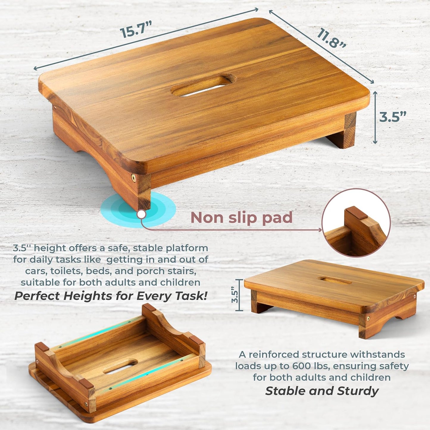 Wooden Step Stool, 3.5'' One Step Stool for Adults, Wooden Bedside Step with 550 Lbs Load Capacity, Heavy Duty/Portable/Nonslip/Durable Construction for Bedroom/Kitchen