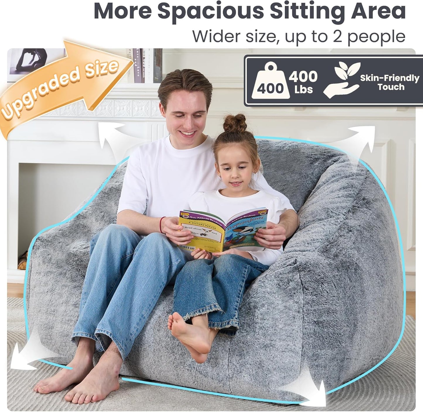 Bean Bag Chairs for Adults, Giant Beanbag Sofa Comfy Reading Chair, Oversized Bean Bag Chairs for Living Room Bedroom, Soft Faux Fur Fabric, 3.2FT, Dark Grey, Plush