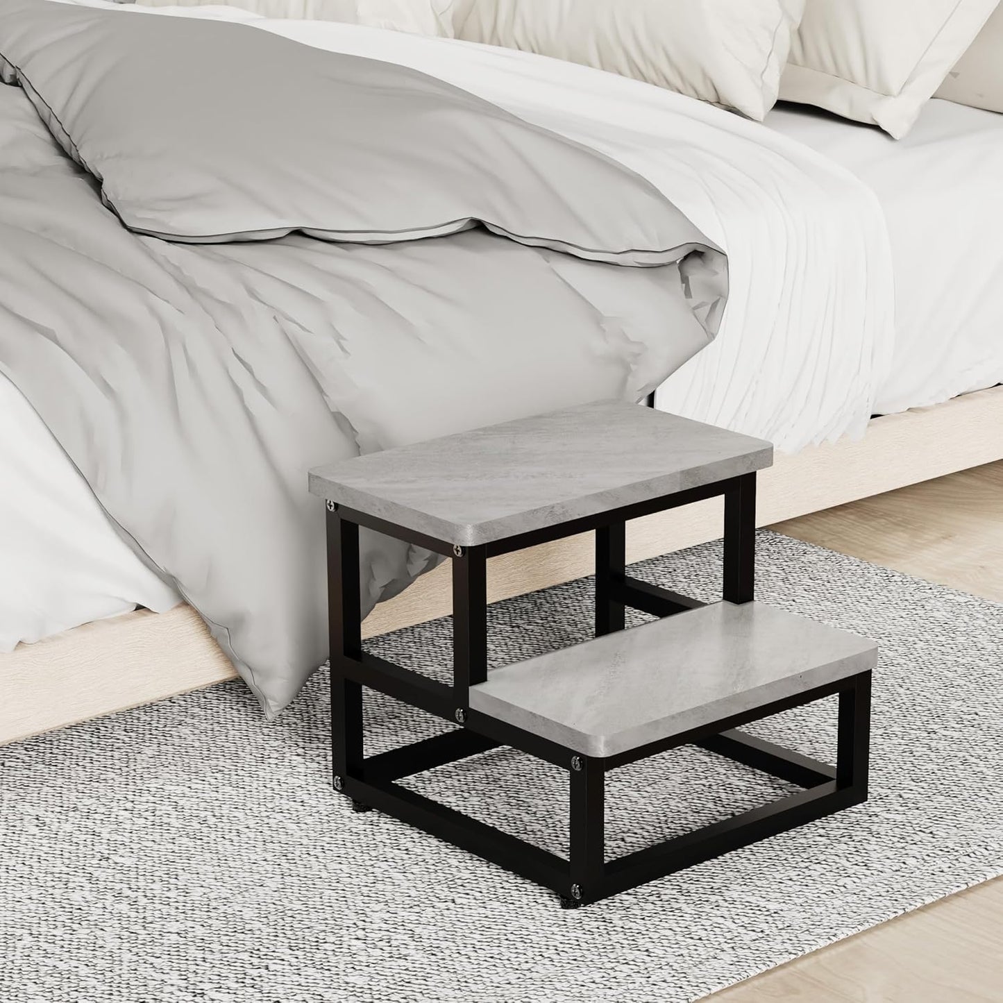 Step Stools, Heavy Duty Stepping Stool for Kids Adults, Non-Slip Metal and Wooden 2 Steps Foot Stool for High Beds and Kitchen, Round Corner, 500 Lbs Capacity, Cement Gray
