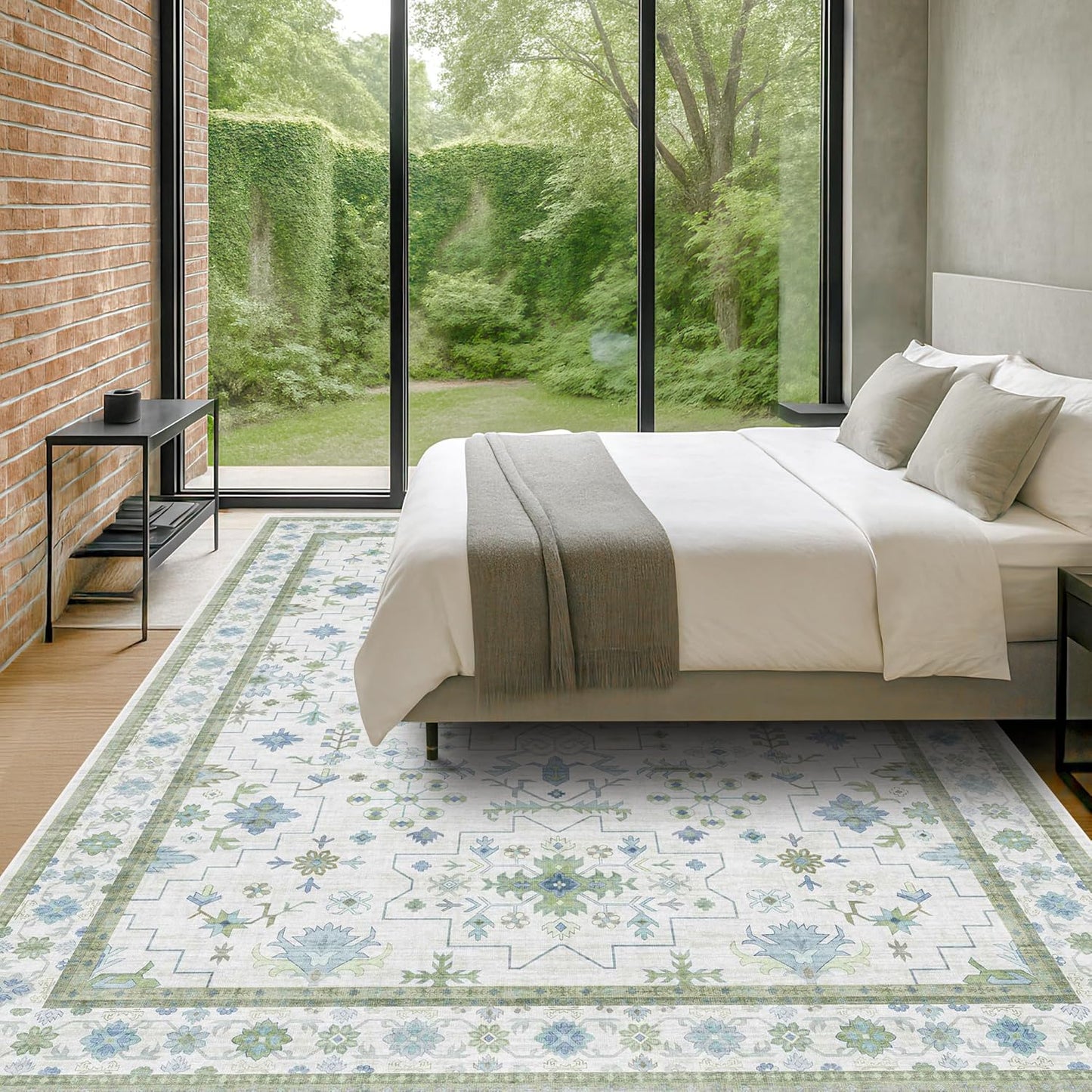 Washable Rugs for Living Room 10x12 - Cream Blue and Green Oriental Floral Geometric, Low Pile Non Slip Extra Large Area Rug for Dining Under Table, Bedroom, Lounge