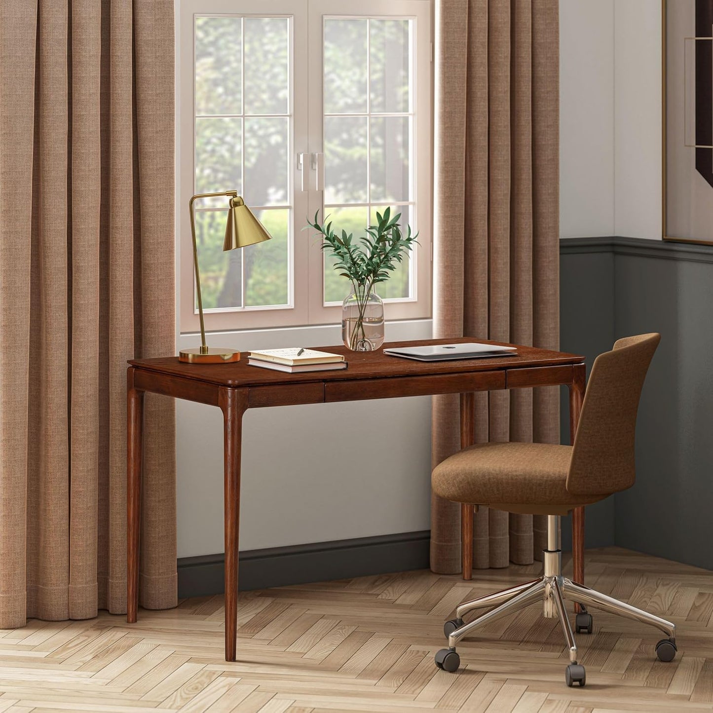 NTC Mingle Modern Wooden Rectangle Desk Table with Hidden Drawer – Waterproof & Heat Resistant, Dark Walnut