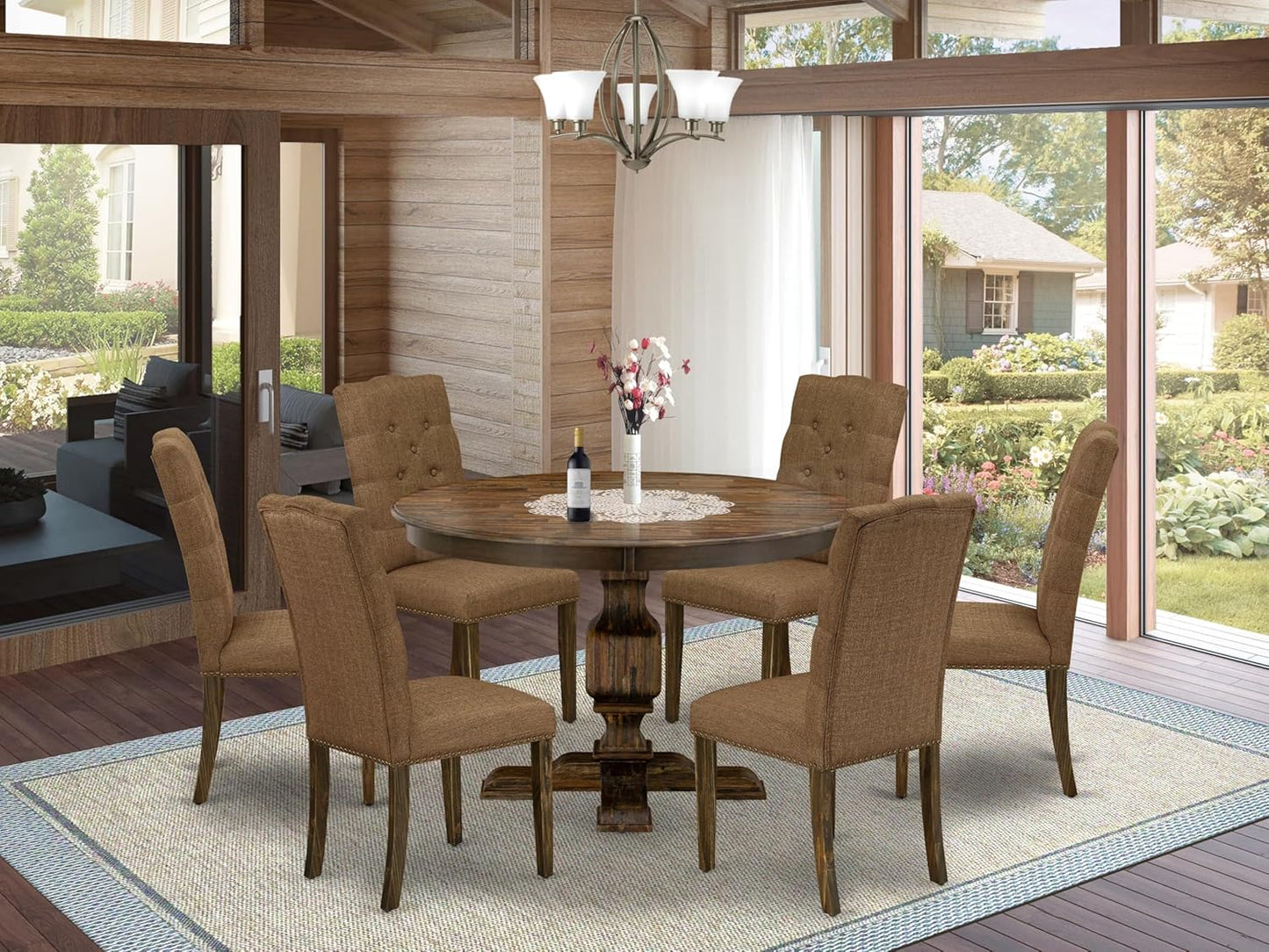 East West Furniture F3EL7-718 7 Piece Kitchen Table Set Consist of a Round Dining Table with Pedestal and 6 Brown Linen Linen Fabric Parsons Dining Chairs, 48x48 Inch, Distressed Jacobean