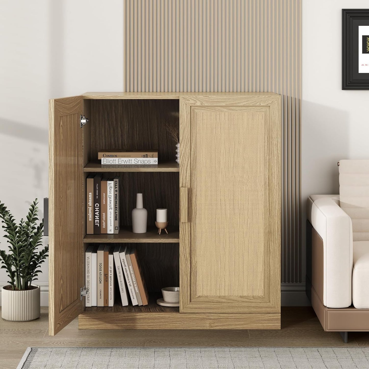 Buffet Cabinet, 2-Doors Sideboard Cabinet with Rattan Panels, Buffet Console Accent Table for Hallway Entryway Dining Room, 36", Oak