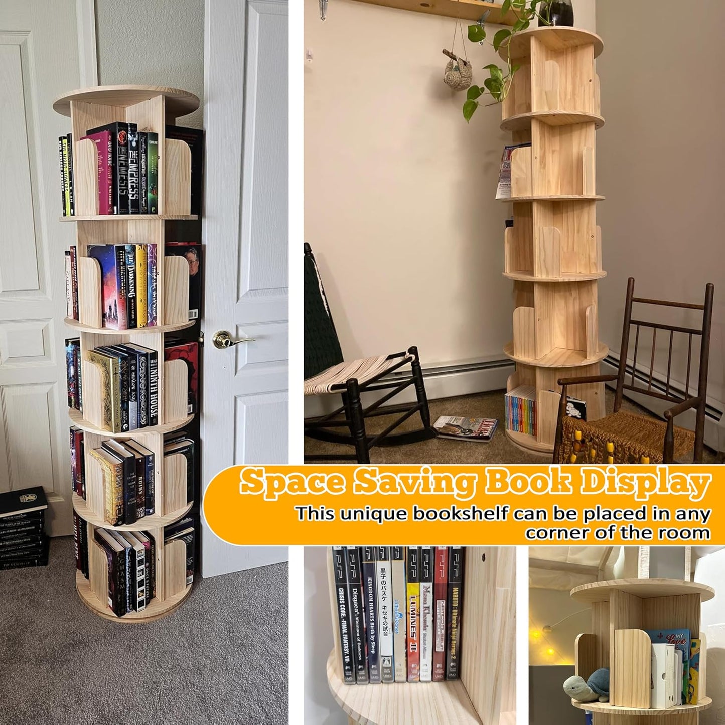 5 Tier Rotating Bookshelf Tower 360 Display Spinning Bookshelf Tower Floor Standing Bookcase Storage Rack Revolving Bookcase Wood Narrow Round Book Shelf Rotating Storage Organizer for Bedroom