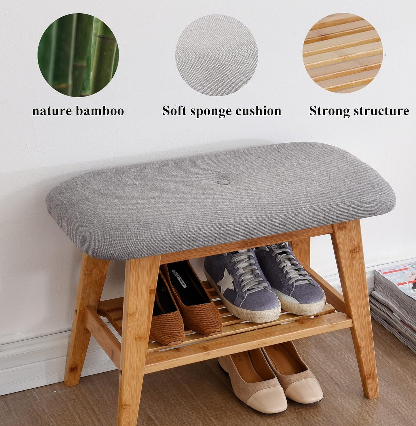 Shoe Rack Bench, Bamboo Entryway Bench, Organizer with 2 Tier Storage, Simple Style, Good Load Bearing, Ideal for Entryway Hallway Living Room,(Nature,23.6'')
