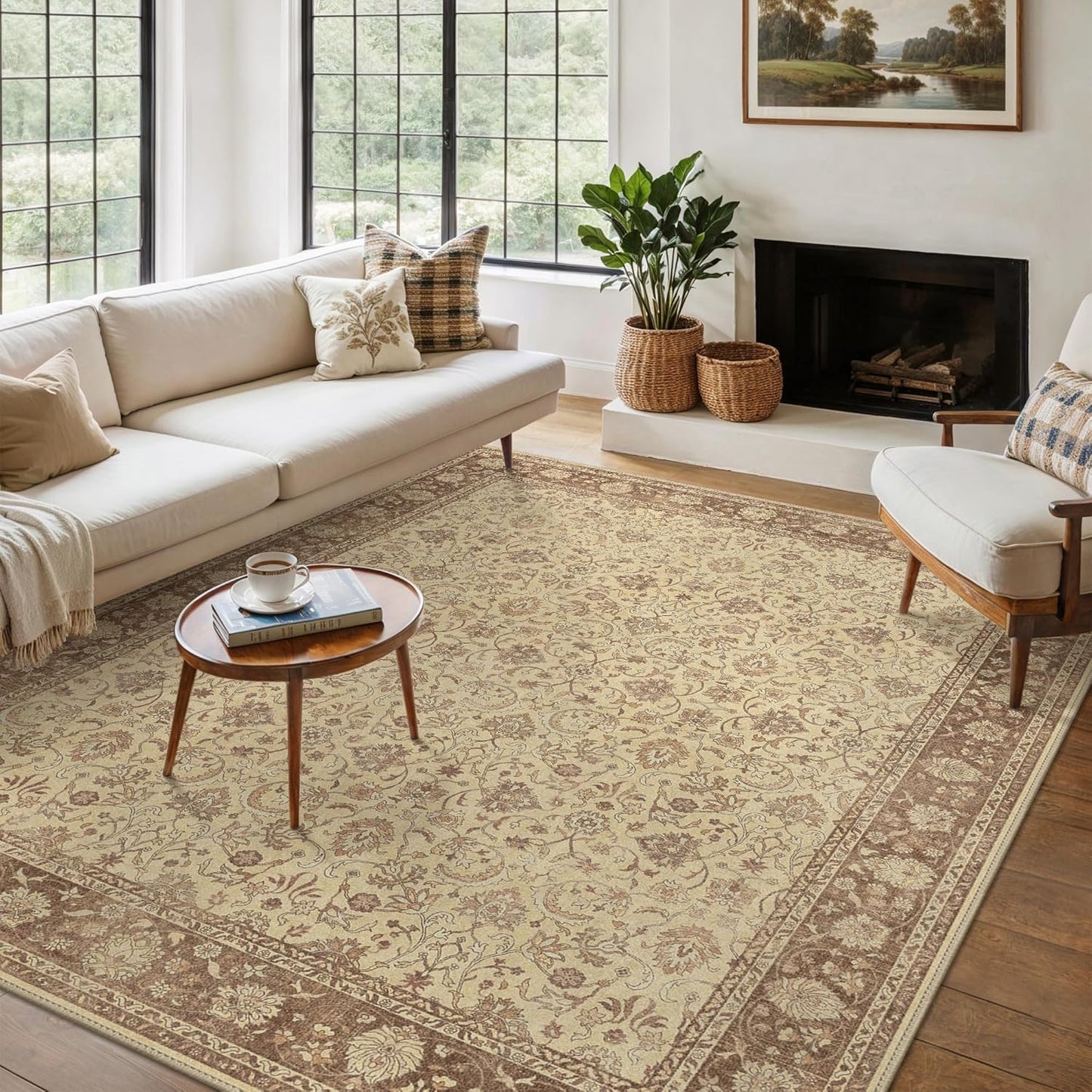 8X10 Area Rugs Machine Washable Rugs for Living Room, Vintage Boho Large Rugs for Bedroom Dining Room, Non Slip Indoor Soft Distressed Lightweight Thin Low Pile Carpet, Light Brown