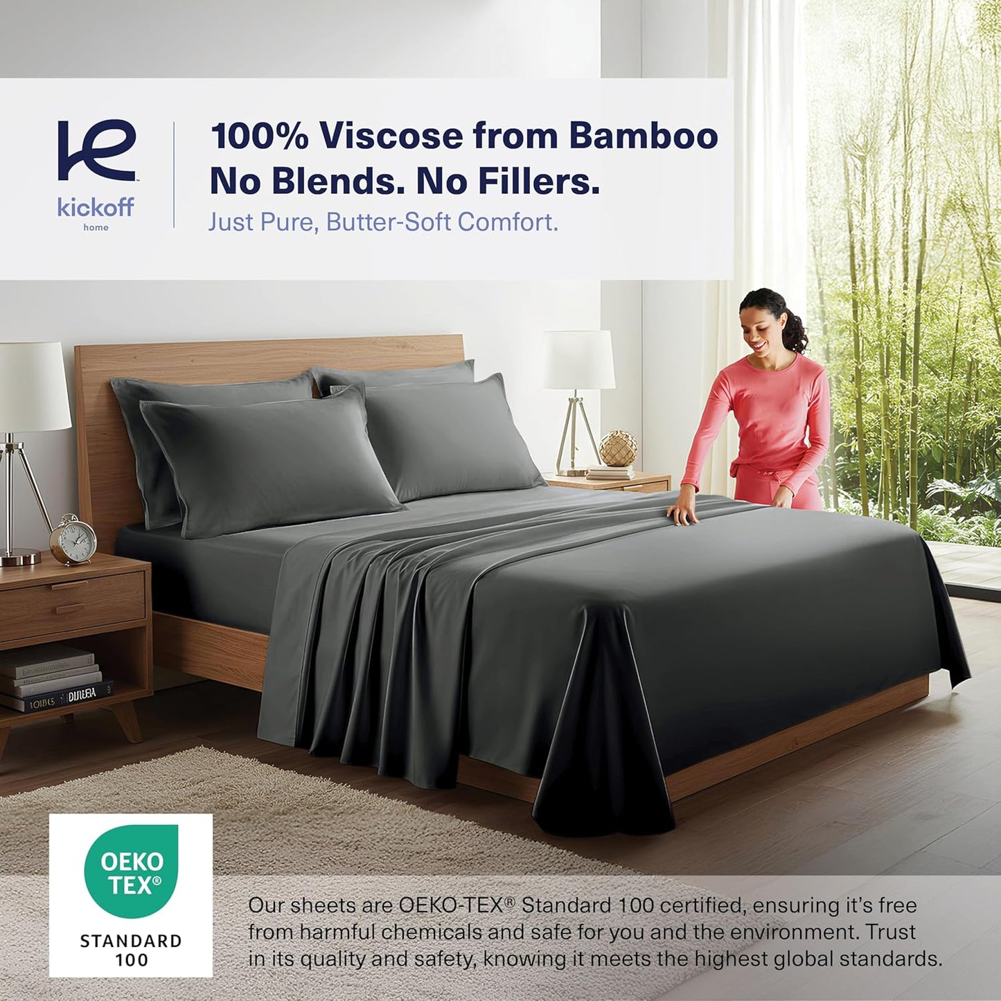 Kickoff Viscose Bamboo Sheets Full Size 4-pc 100% Organic Bamboo Viscose Bed Cooling Sheets Full Size Set Cool Bedding for hot Sleepers Sheet, Flat, Fitted, Pillowcases (Pewter, F)