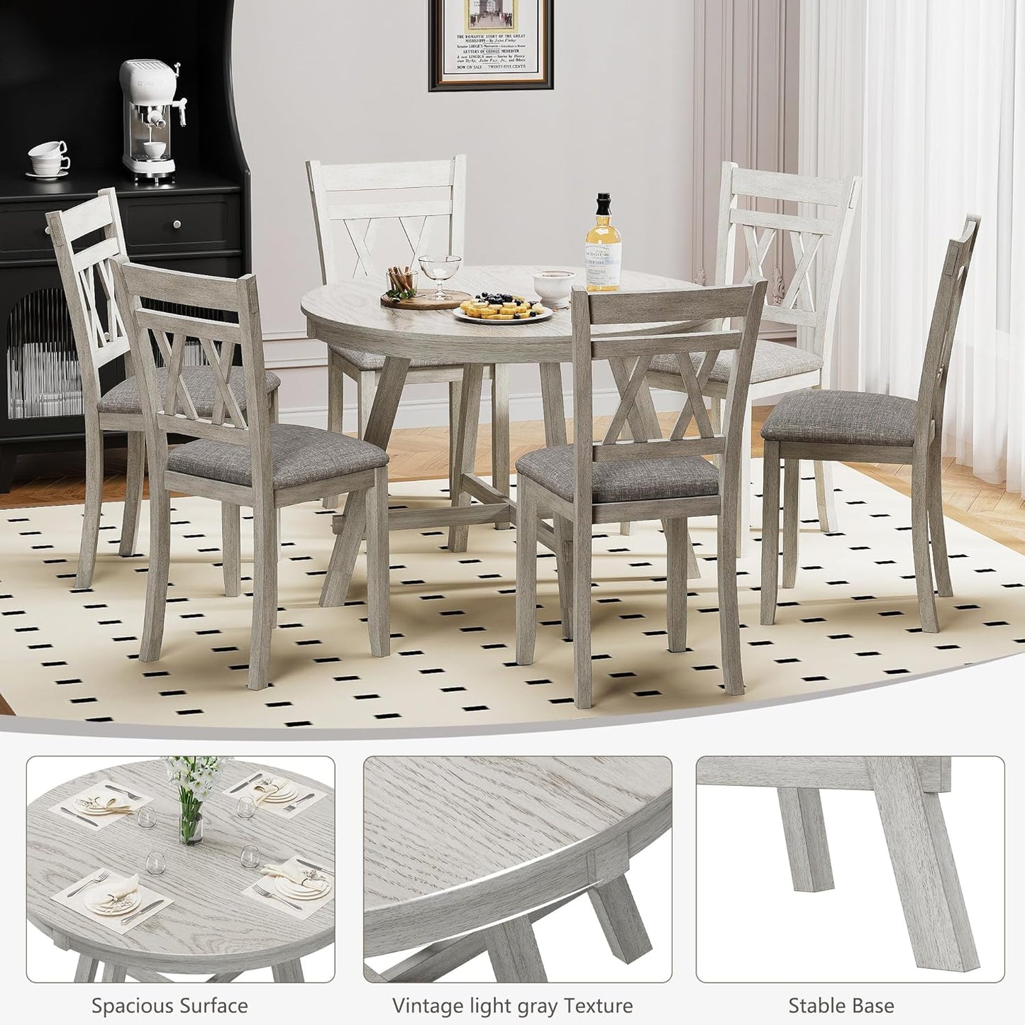 Round Solid Wood Dining Table, Part of Dining Table Set, Mix and Match Table, Chair Sold Separately for Dining Room, Kitchen, Grey