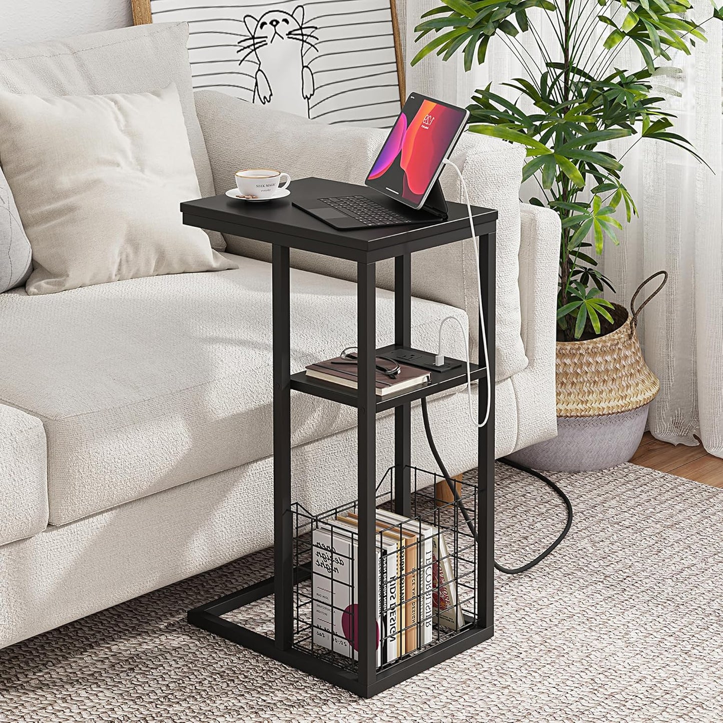 Vagusicc C Shaped End Table with Charging Station, Side Table for Couch, Small Side End Table for Small Spaces, 28" High Slide Under Sofa Table for Coffee, Tv Tray Table for Living Room, Black