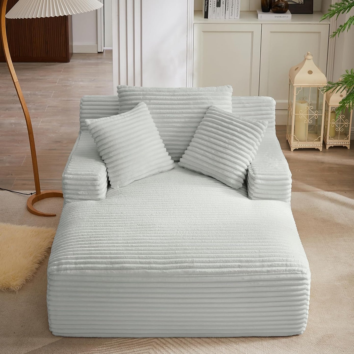 Oversized Chaise Daybed Lounge Sleeper Chair Sofa Full Foam Cloud Chaise Sofabed for Living Room,Luxury Plush Corduroy Upholstered Sleeper Couch Extra Wide Chair Bed W/3 Pillows for Home/Apartment