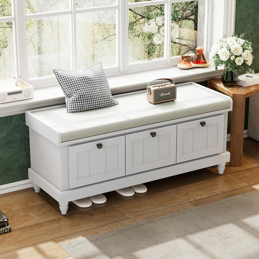 Merax Classic Storage Bench with Cushioned Seat and Three Drawers for Entryway & Living Room & Bedroom, Light Gray