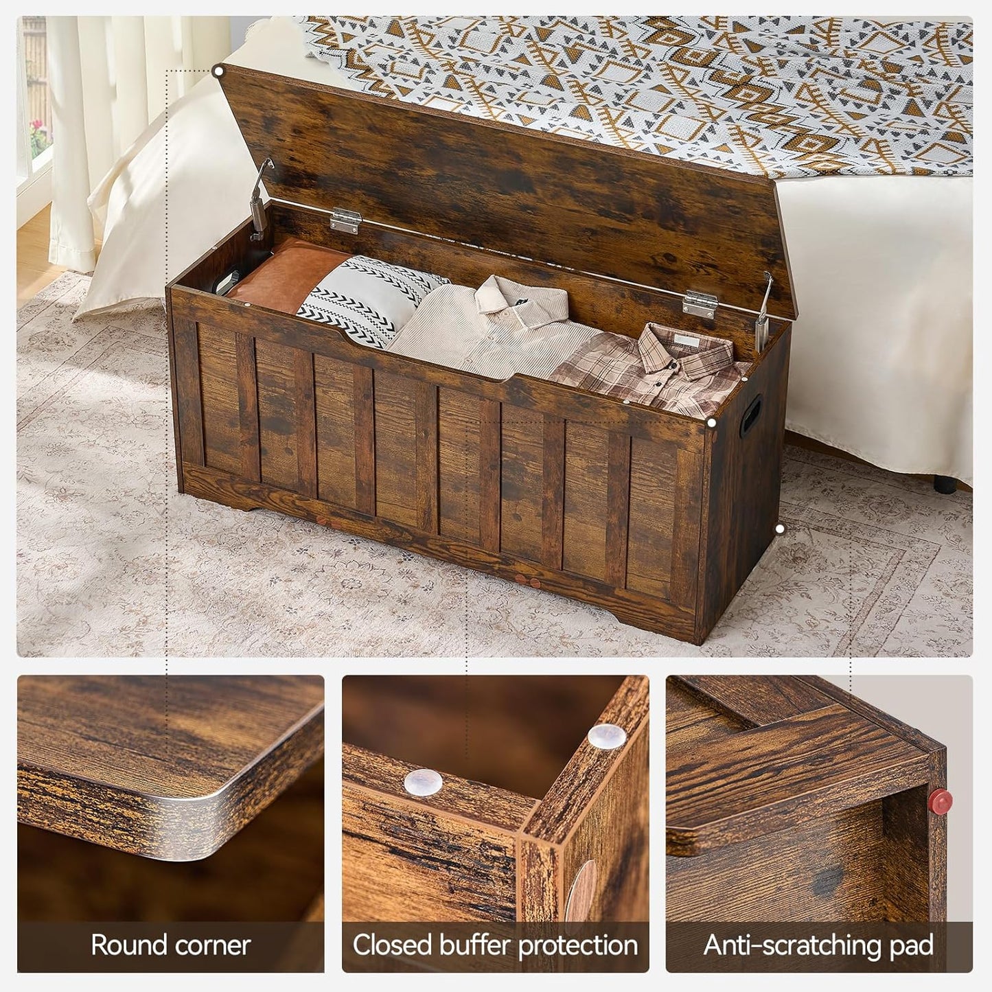 43.3"Storage chest extra large,storage trunk with 2 safety Hinges,Wooden storage Bench,Shoe Bench,43.3x15.7x19.1 Inch,Easy Assembly,storage bench for bedroom,living room,entryway,Rustic Brown