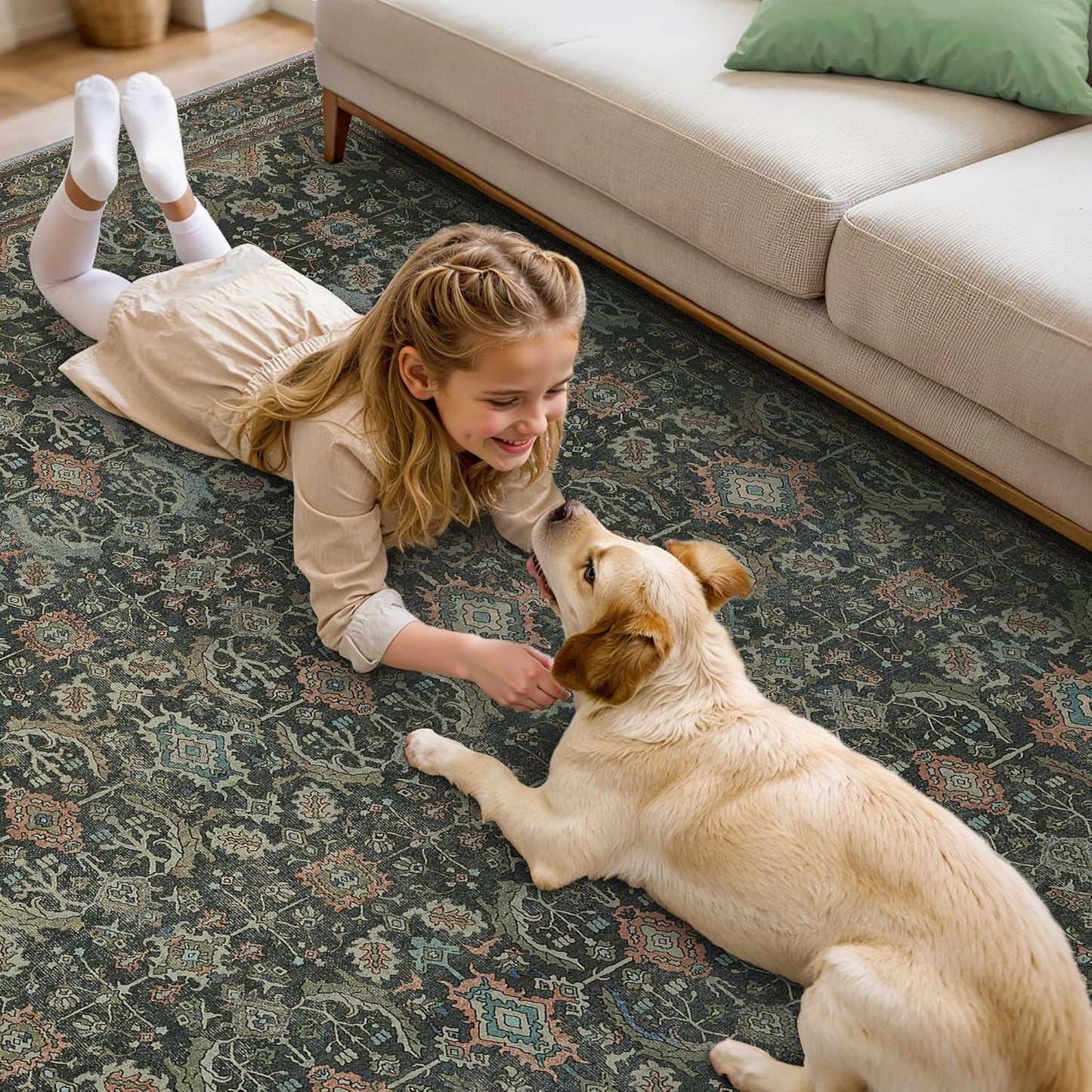 9X12 Area Rugs Machine Washable Rugs for Living Room, Vintage Boho Large Rugs for Bedroom Dining Room, Non Slip Indoor Soft Distressed Lightweight Thin Low Pile Carpet, Black