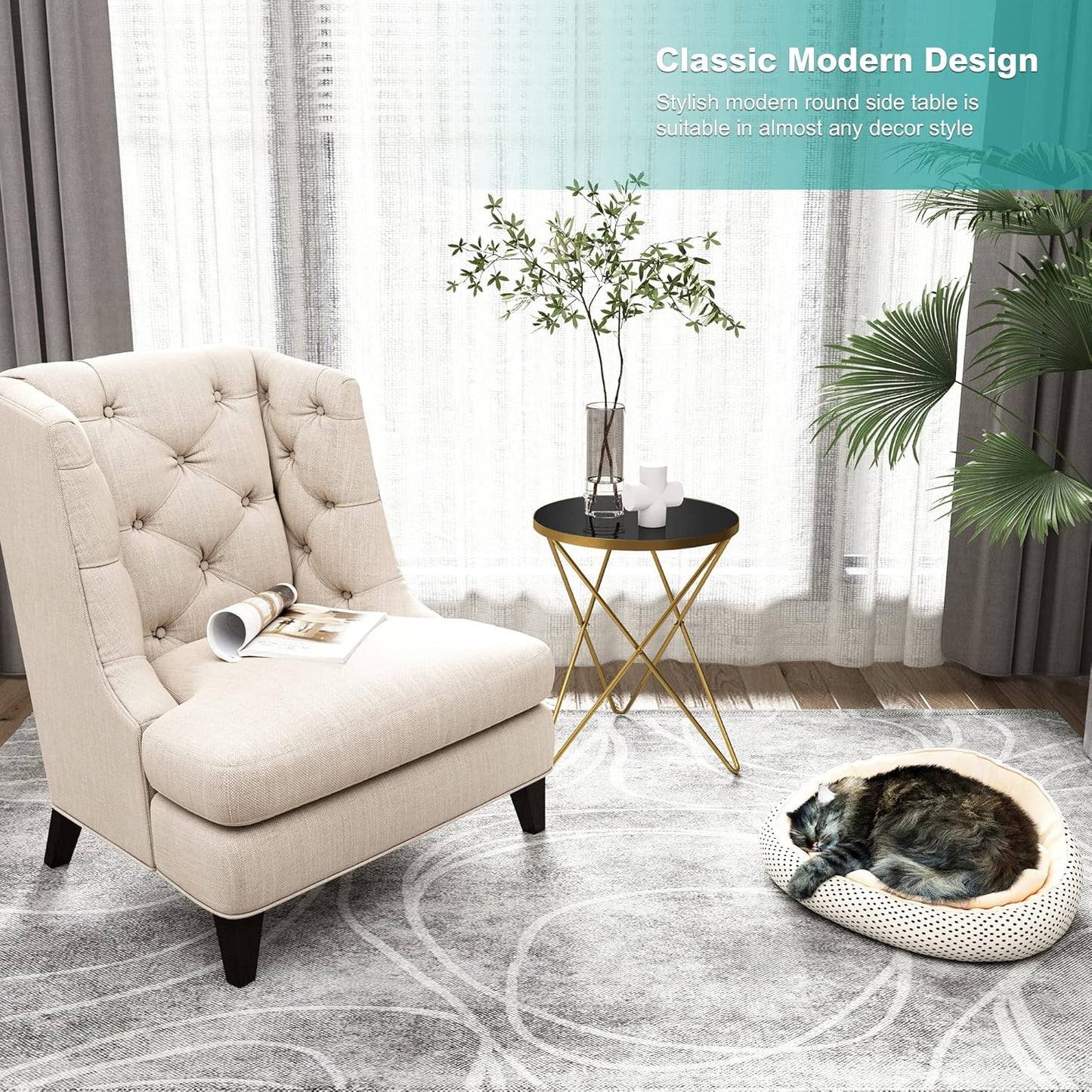 HLR Modern Round Side Table, End Table with Marble Effect Top and Gold Metal Frame, Small Side Table for Living Room, Bedroom, Sofa and Couch, Gold Legs, Black Glass top