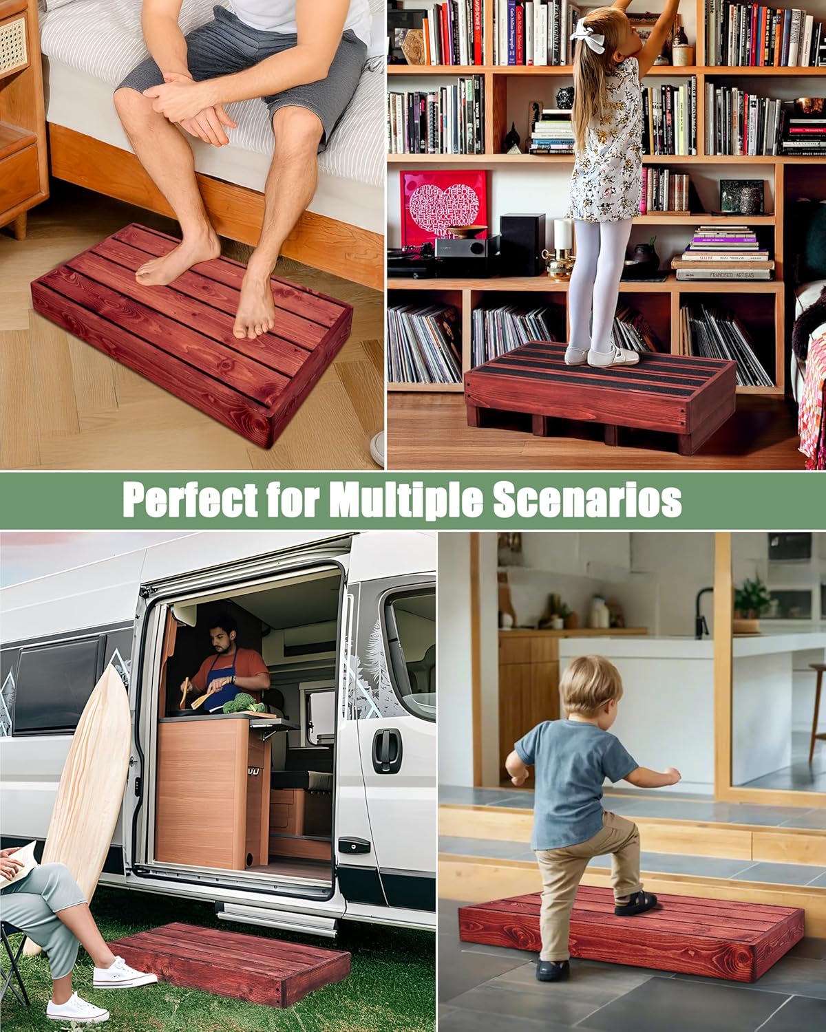 3.5"/6" Heightable Wooden Outdoor Step, 100% Heartwood Step Stools for Adults with 4 Additional Legs & Anti-Slip Traction Tape, One Step Stool for Elderly, Adults, Kids (30" L x 16" W)