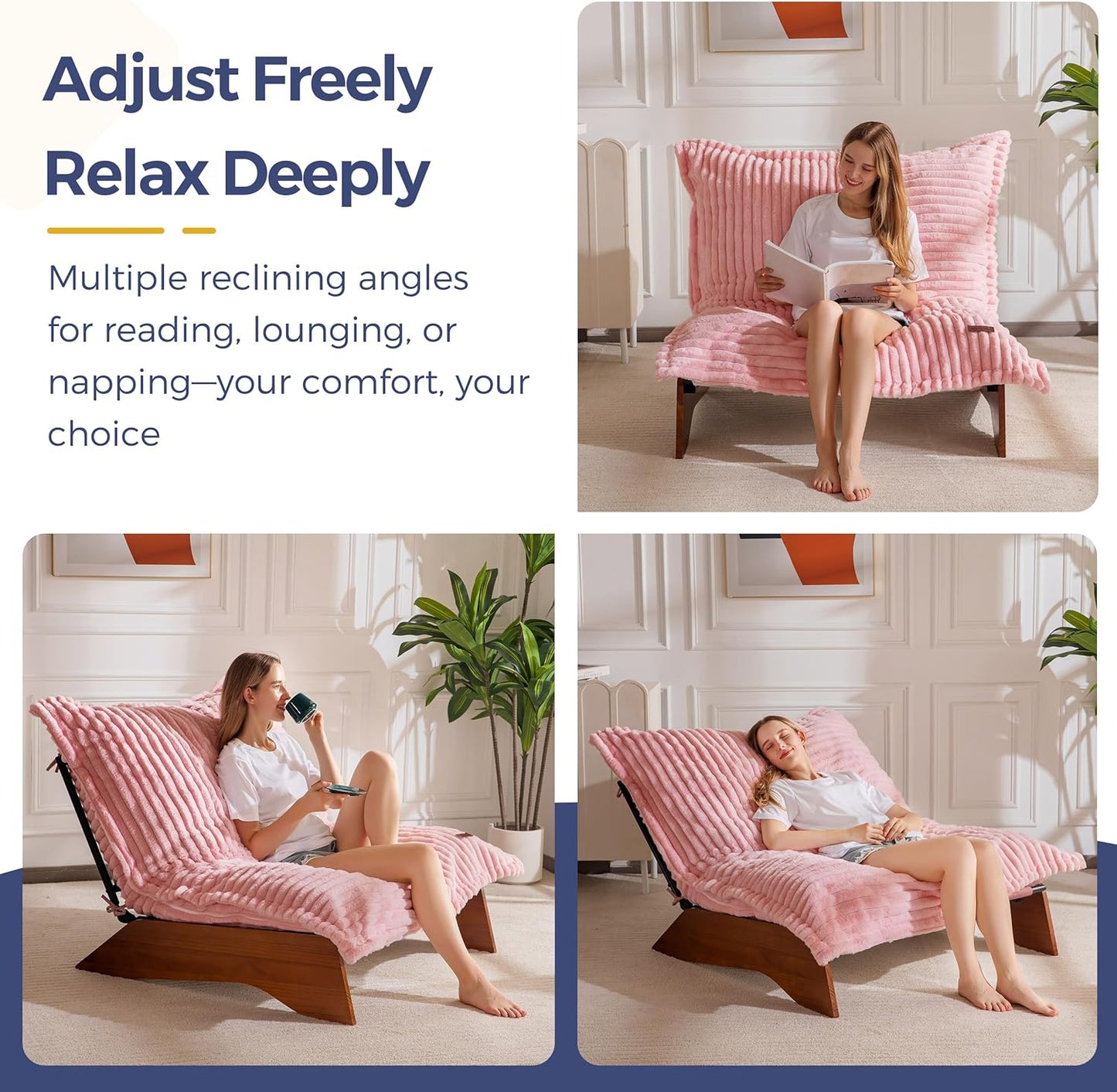 MAXYOYO Adjustable Living Room Chair, 3-Position Bean Bag Chair with Removable Cover, Upholstered Accent Chair with Frame, Soft Reclining Lounge for Bedroom, Apartment, Office, Pink