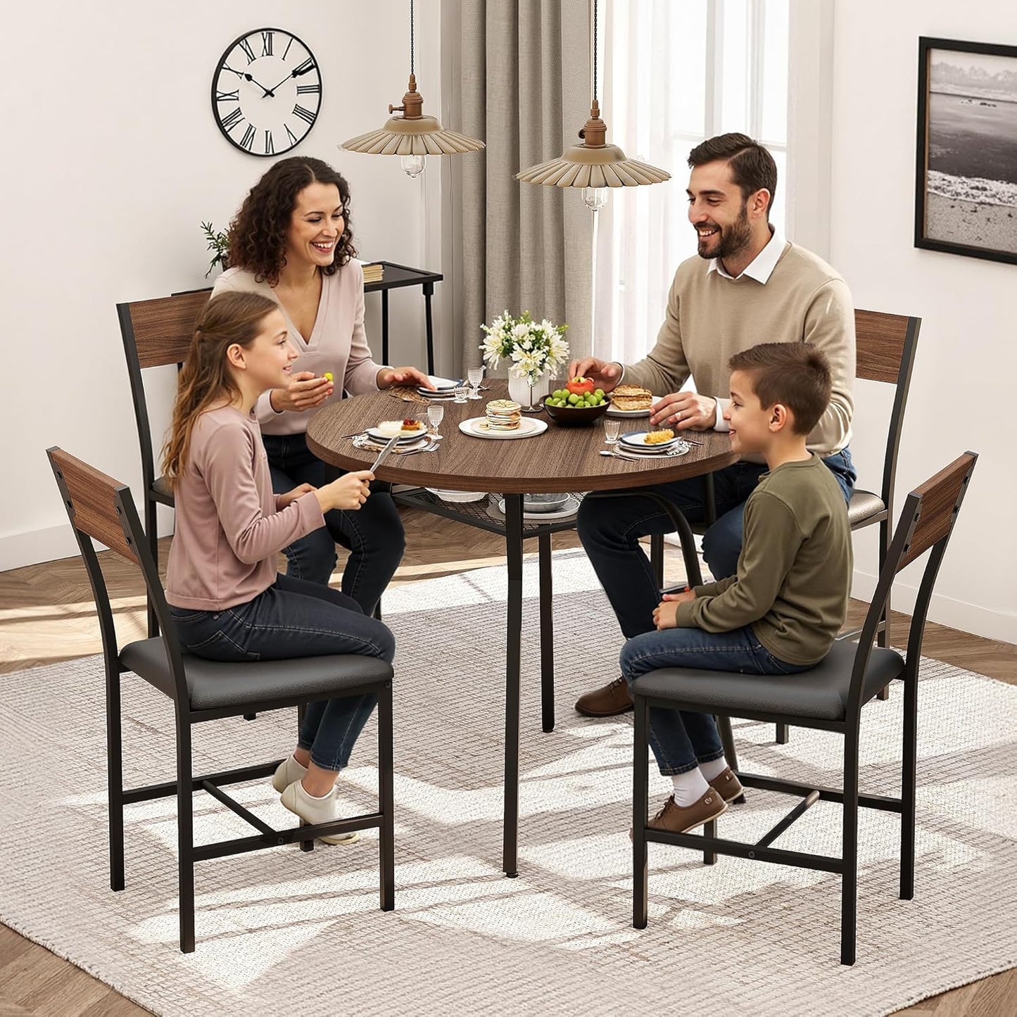 Pamapic Round Dining Table Set for 4, Kitchen Table and Chairs for 4, Dining Room Circle Dinner Pedestal Table, Solid Metal Frame,Space Saving Wood Kitchen & Dining Room Furniture,Walnut