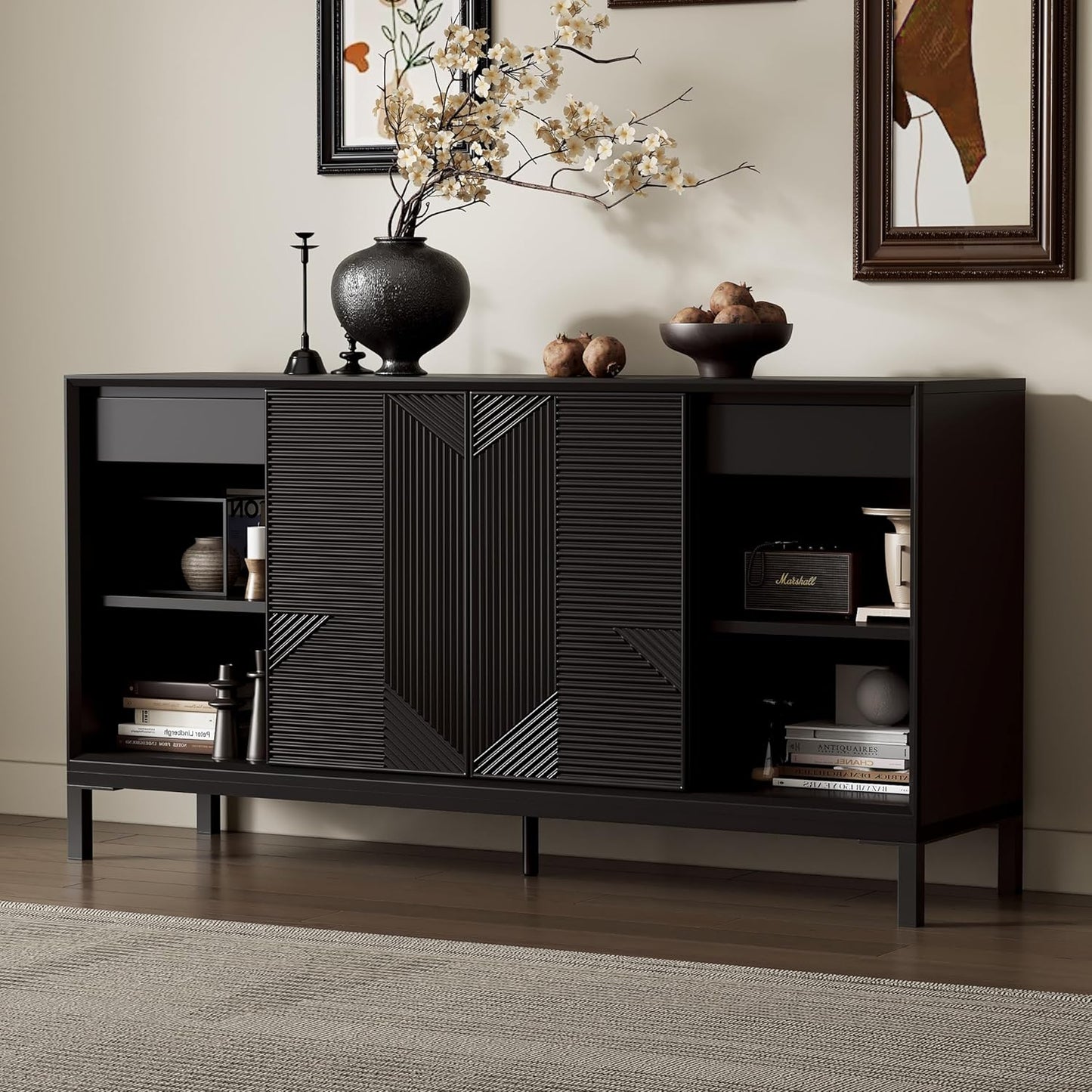 Merax Modern Geometric Accent Cabinet, Vertical Striped Design Sideboard Buffet with Two Drawers, Sliding Doors, Wood Veneer Top, Minimalist Storage Cabinet for Study, Entryway and Living Room, Black