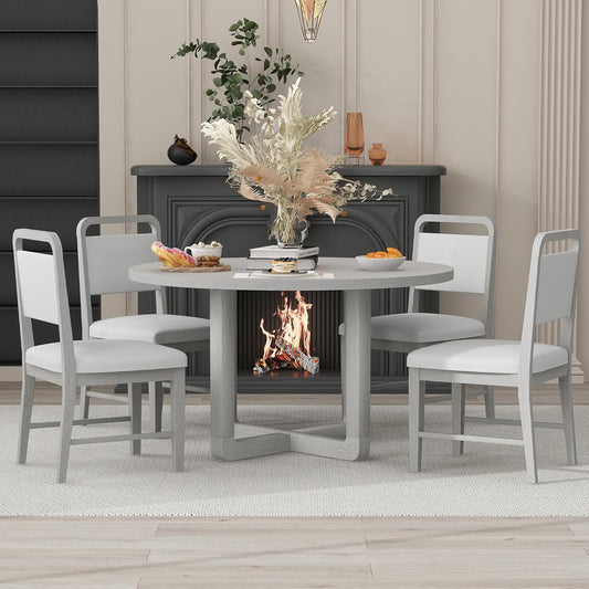 Merax 5-Piece Retro Dining Set, Round Table Top with Radial Wood Grain Design and 4 Upholstered Chairs for Dining Room and Kitchen, Antique Gray