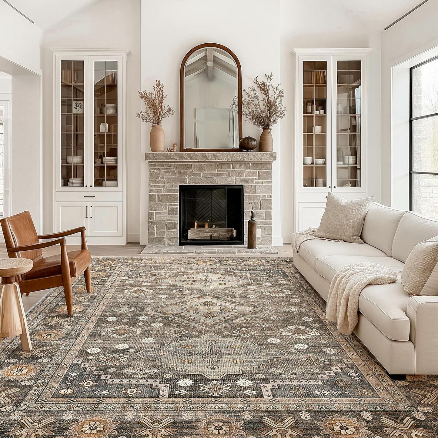 GENIMO 8x10 Area Rugs for Living Room, Machine Washable Low Pile Rugs, Non Slip Vintage Rug for Bedroom, Dining Room, Home Office, Kitchen, Distressed Deep Brown